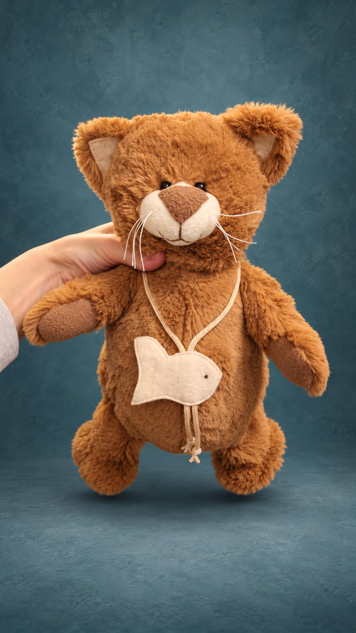 Lost cat plush copy, handmade to order: golden-brown fur, cream muzzle, long whiskers, a little fish on a cord