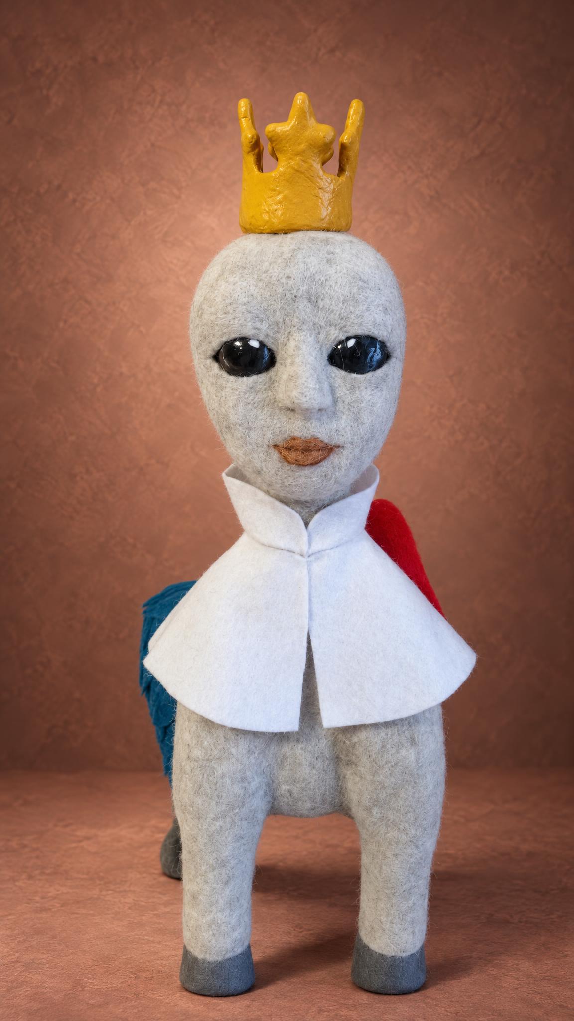Crowned fantasy creature plush, custom felted toy made to order from the customer's own painting