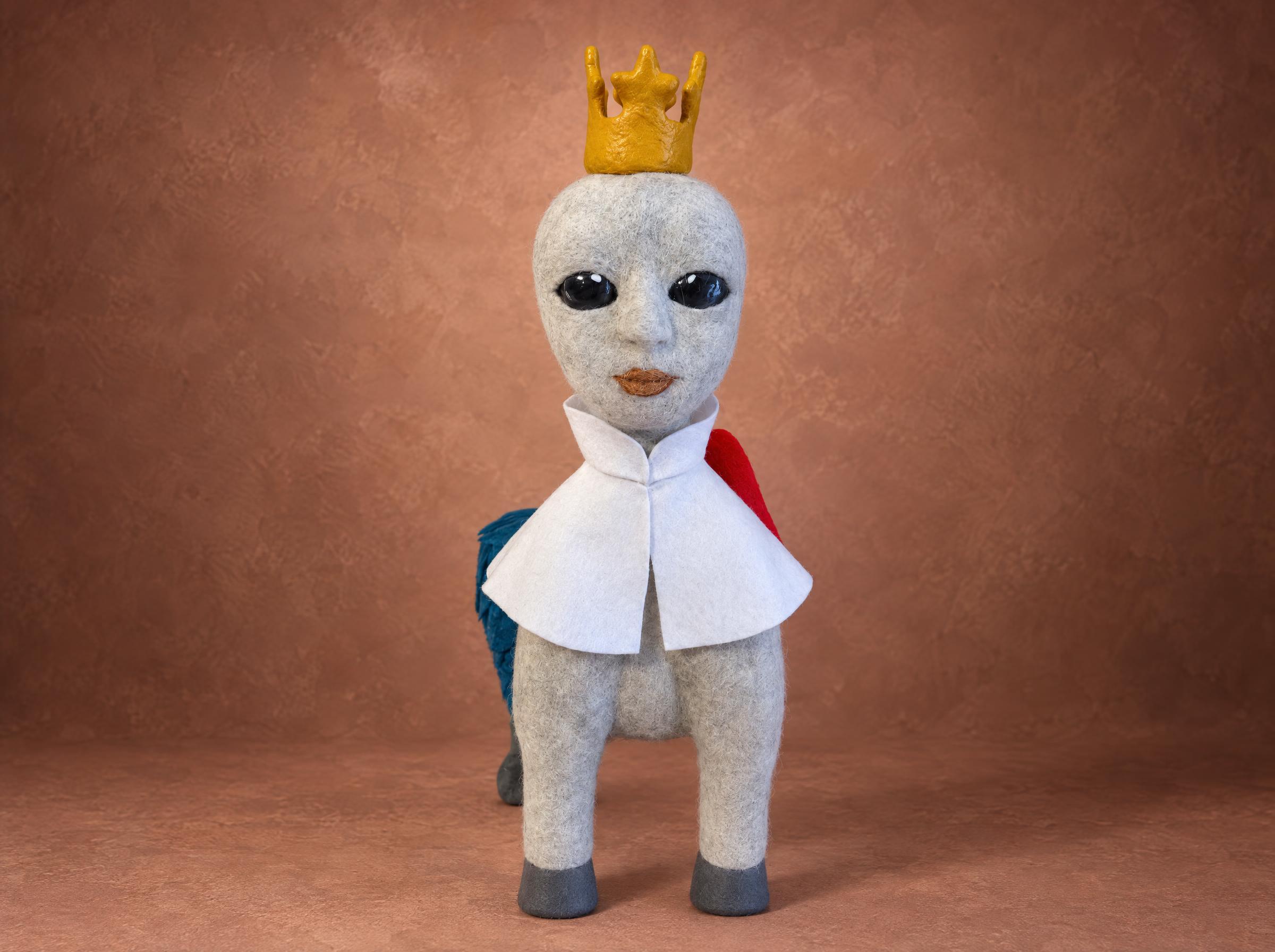 Custom fantasy creature plush with a gold crown, needle-felted to order from the customer's painting, grey wool body, white cape