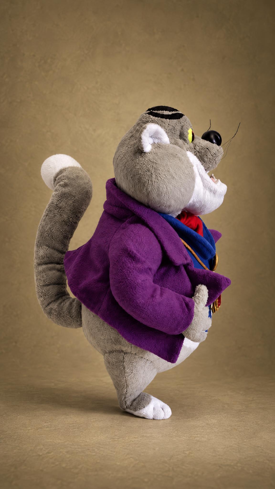 Handmade Fat Cat plush from Rescue Rangers: striped head, purple coat and a long white-tipped tail, sewn to order