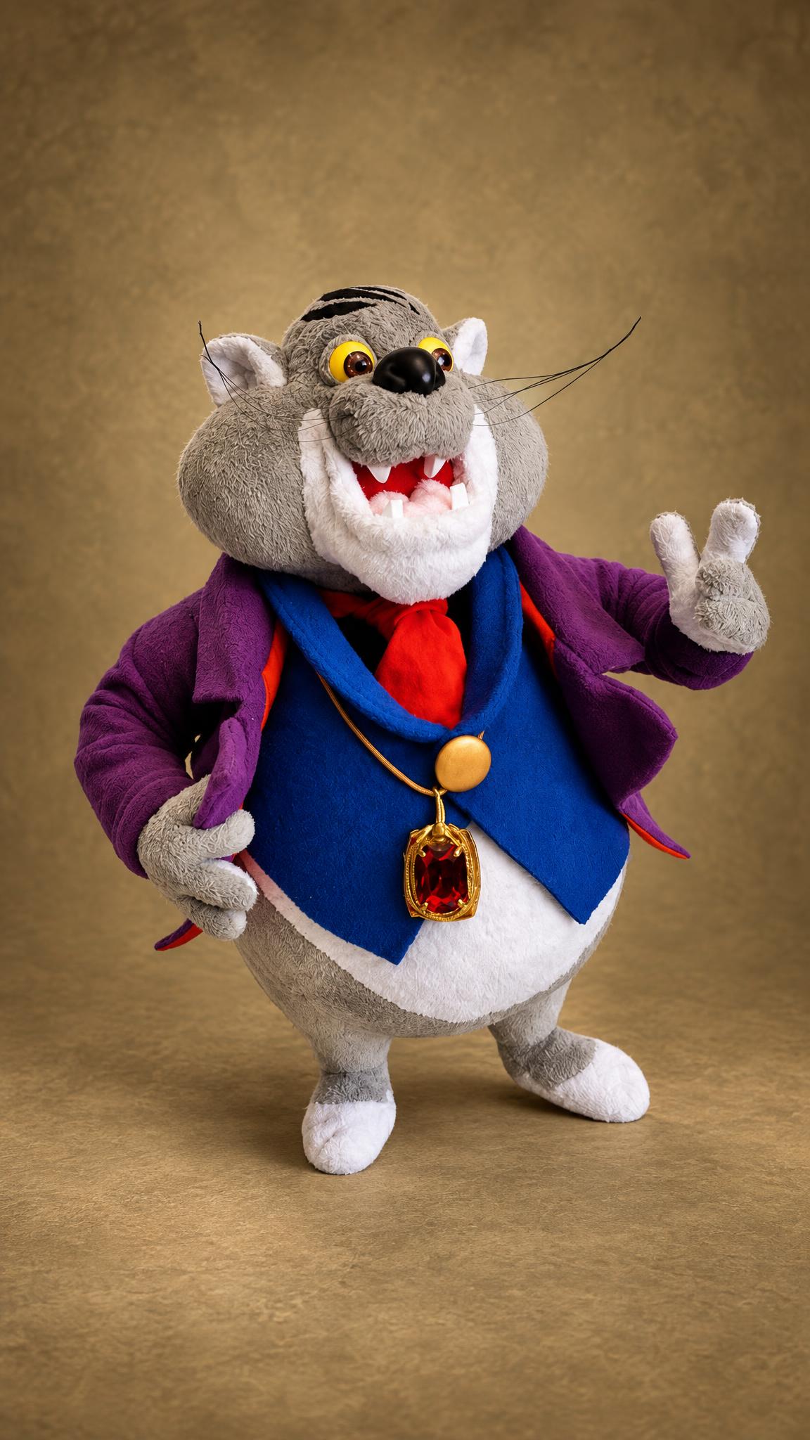 Custom Fat Cat plush from Chip 'n Dale Rescue Rangers, grinning in his purple suit and ruby pendant, made to order