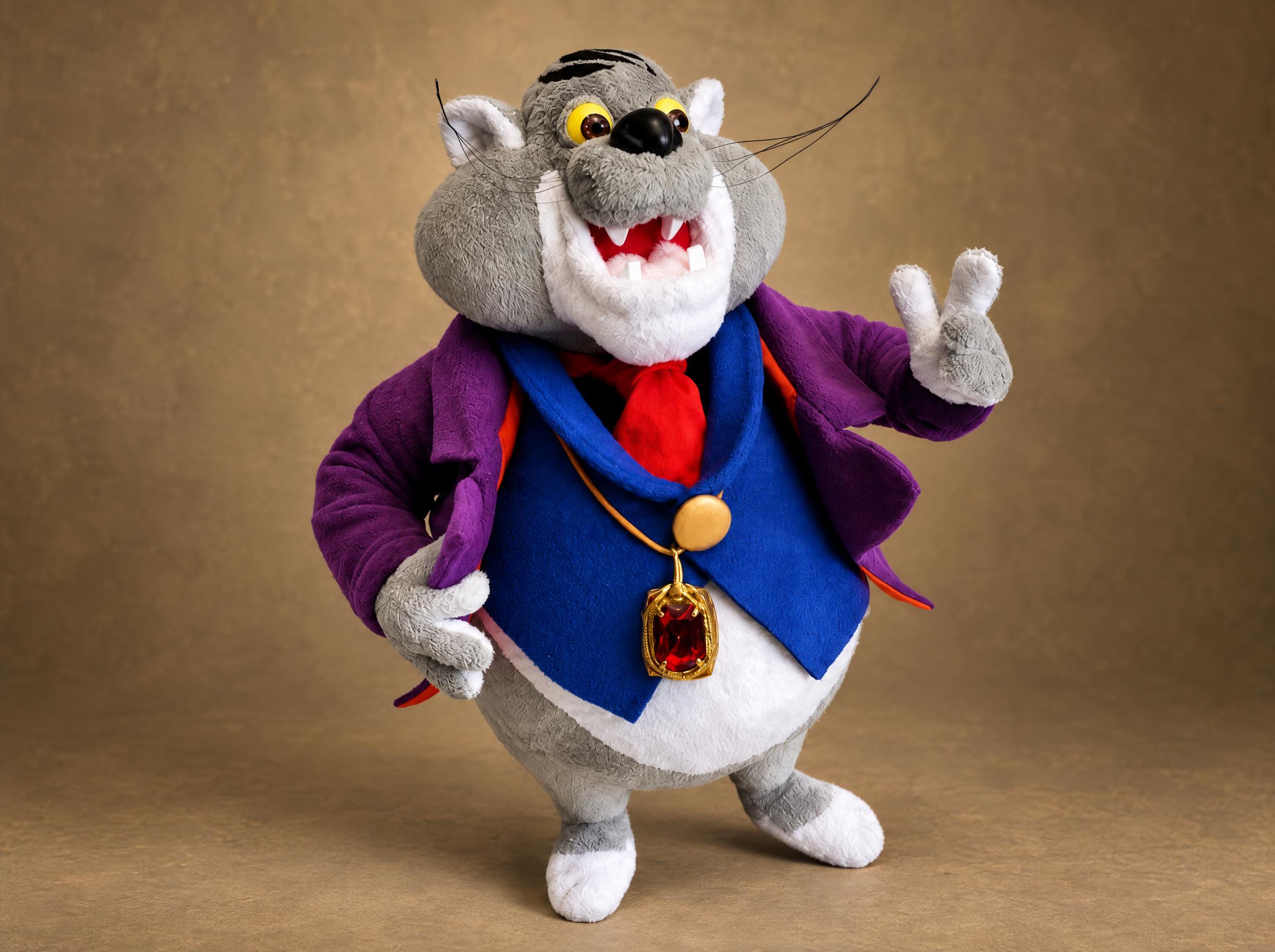 Fat Cat Rescue Rangers plush, handmade to order: purple coat, blue vest, red tie and a gold ruby pendant