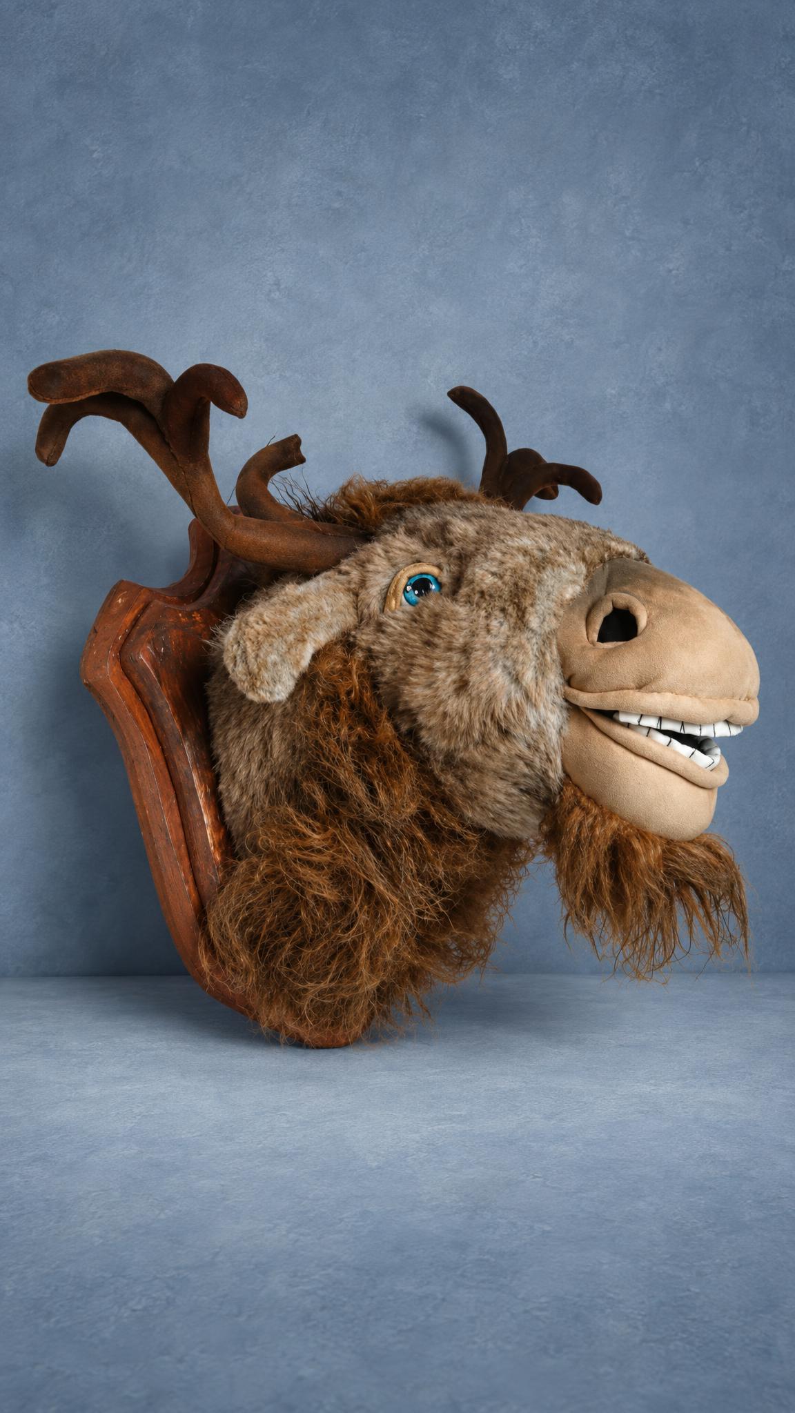 Faux moose head wall mount in plush, handmade to order: shaggy rust-brown beard and a wide white-toothed grin