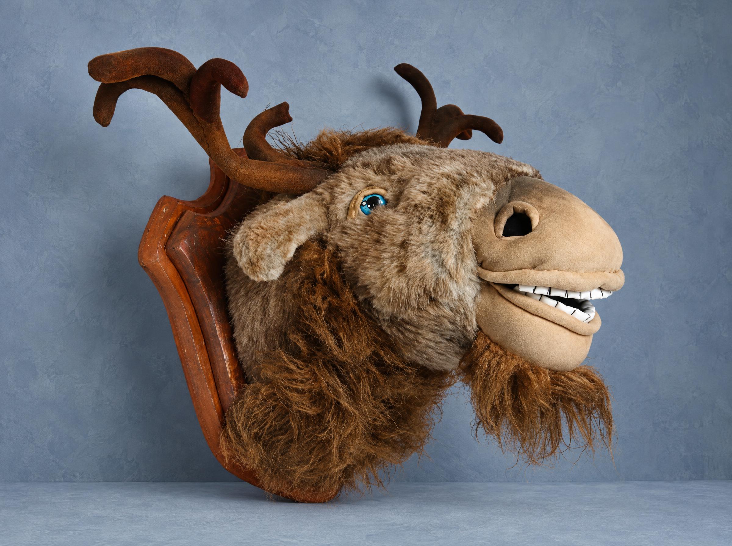 Faux moose head wall mount, custom plush Faux moose head wall mount in plush, handmade to order: shaggy rust-brown beard and a wide white-toothed grin