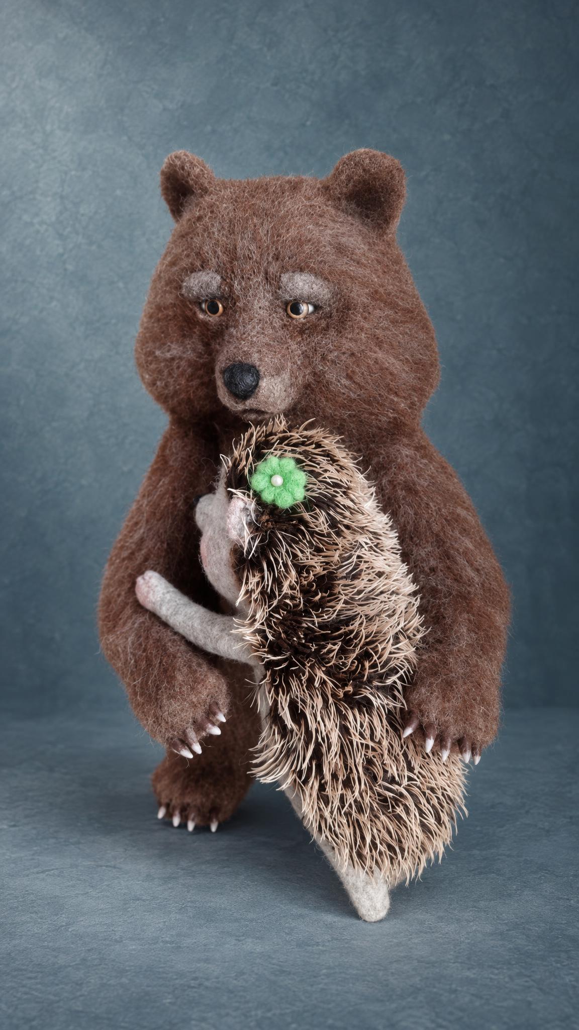 Custom felted hedgehog with brown-and-cream wool spines and a green flower in the bear's arms, made to order