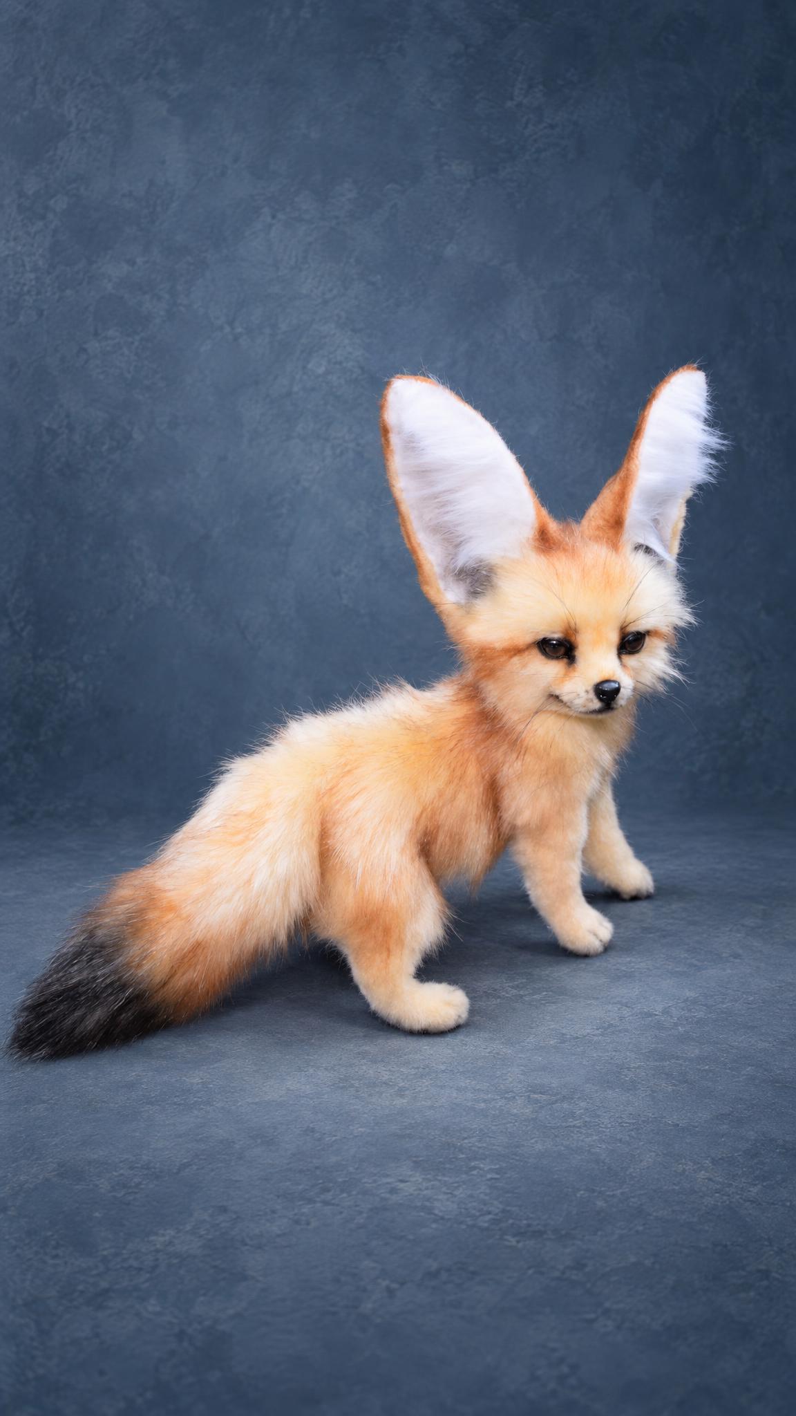 Custom fennec fox plush standing, huge ears up, black-tipped ginger tail stretched out, handmade to order