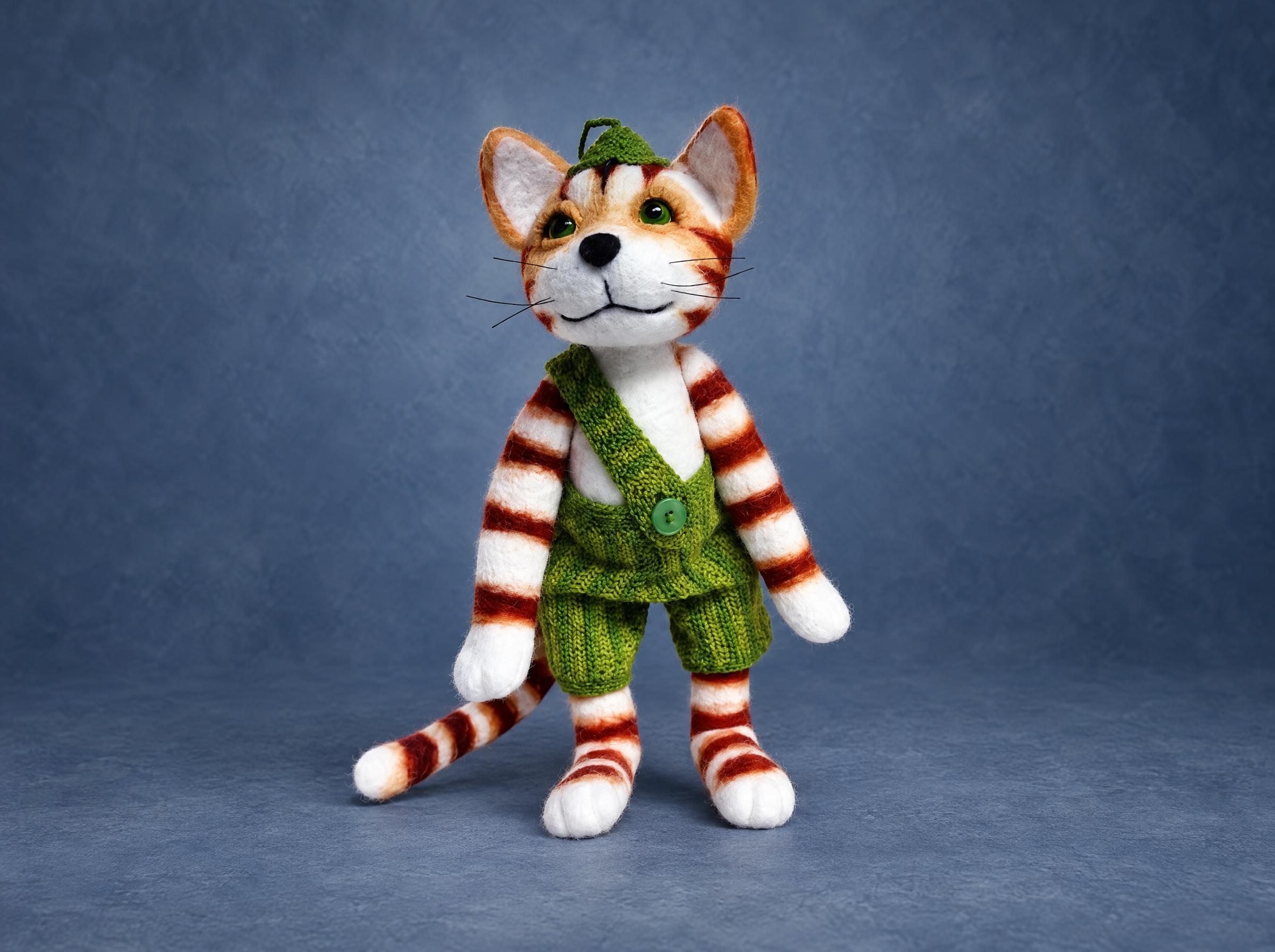 Handmade Findus cat plush from Pettson and Findus, sewn to order with red-striped legs and green knit overalls
