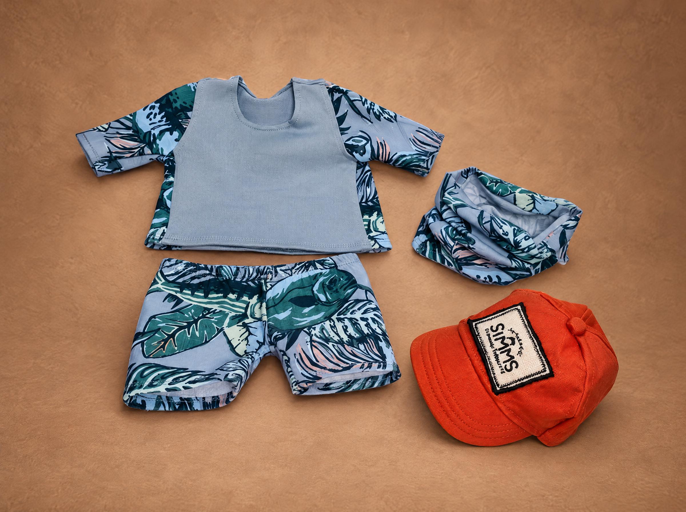 Removable outfit of a custom fisherman doll: leaf-print fishing shirt, shorts, neck gaiter and orange cap