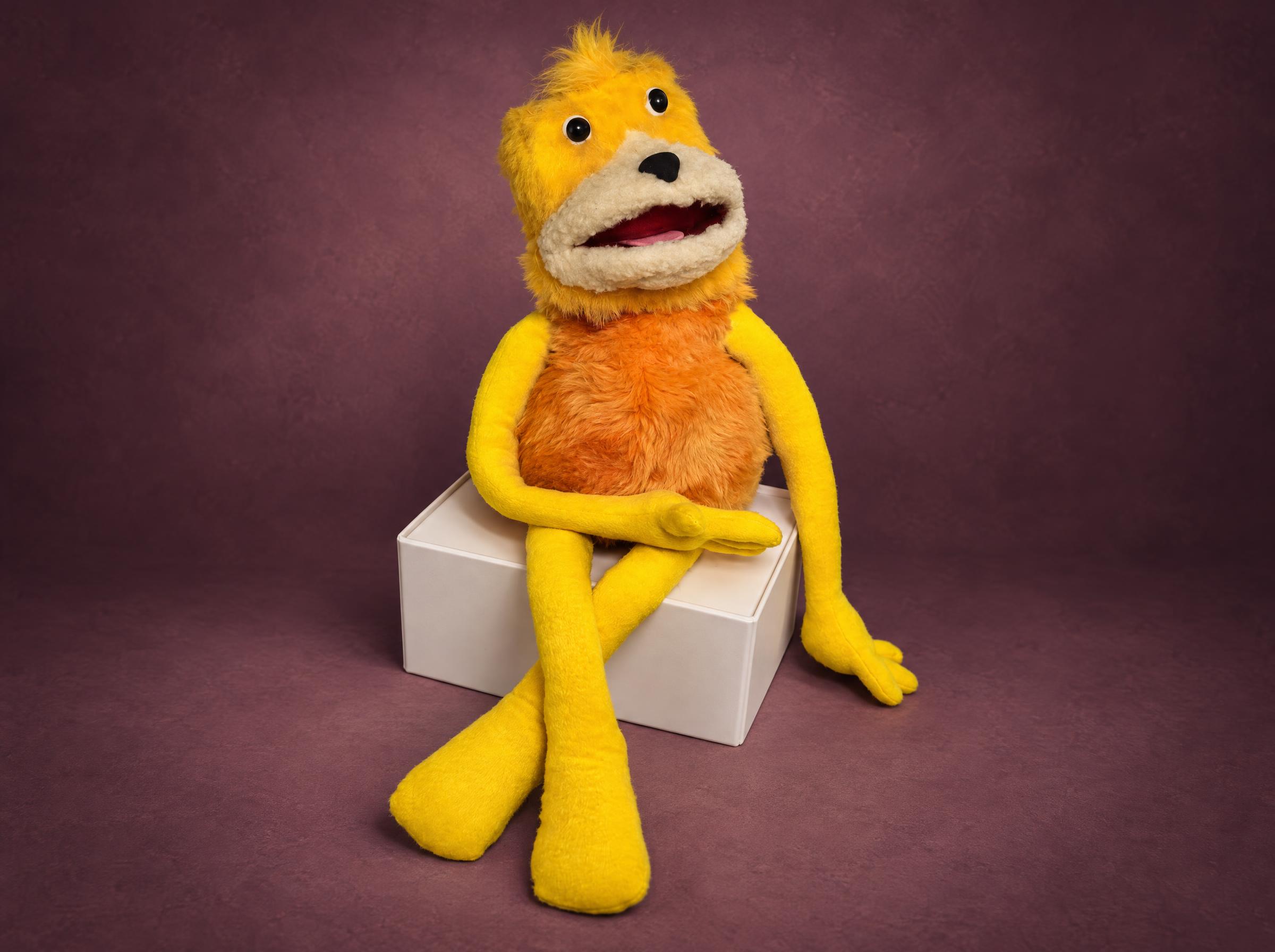 Custom Flat Eric Plush Puppet, Made to Order Custom Flat Eric plush puppet made to order, open mouth, orange fur body and long yellow legs crossed