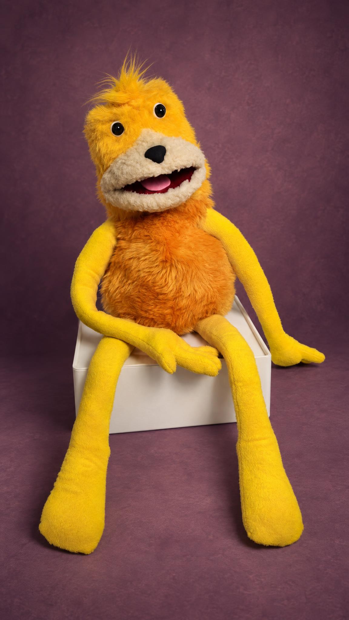Flat Eric plush toy made to order, pink tongue, cream muzzle, shaggy orange fur body and long yellow legs