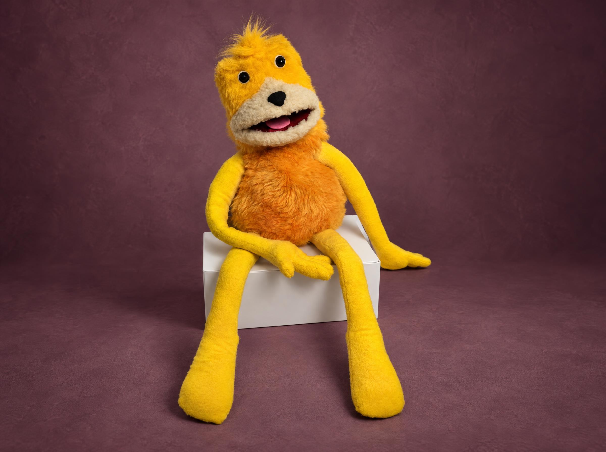 Flat Eric Plush Toy, Made to Order Flat Eric plush toy made to order, pink tongue, cream muzzle, shaggy orange fur body and long yellow legs