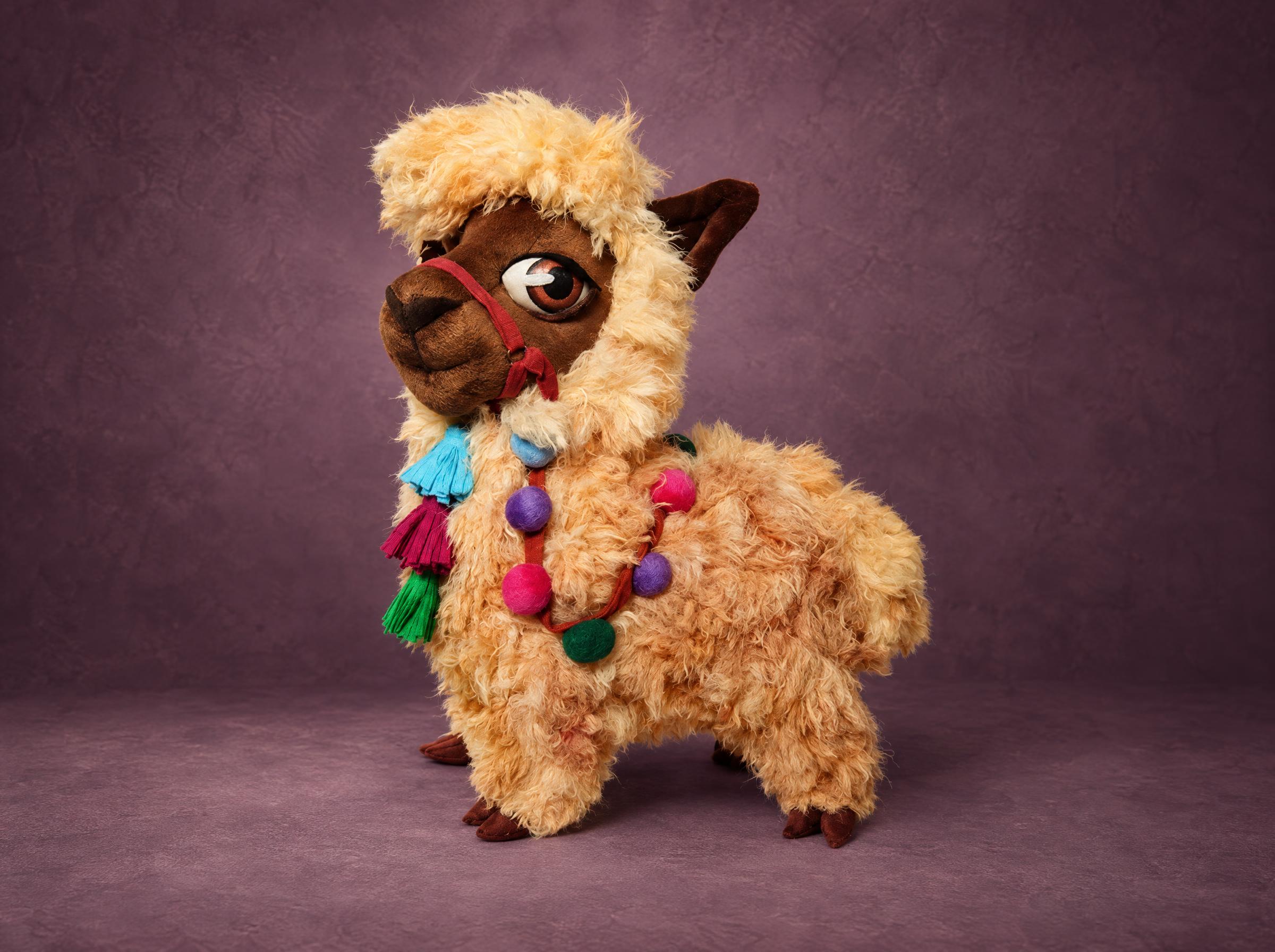 Fluffy lama plush in apricot faux fur with a brown face, red halter and colorful pom-pom tassels, made to order