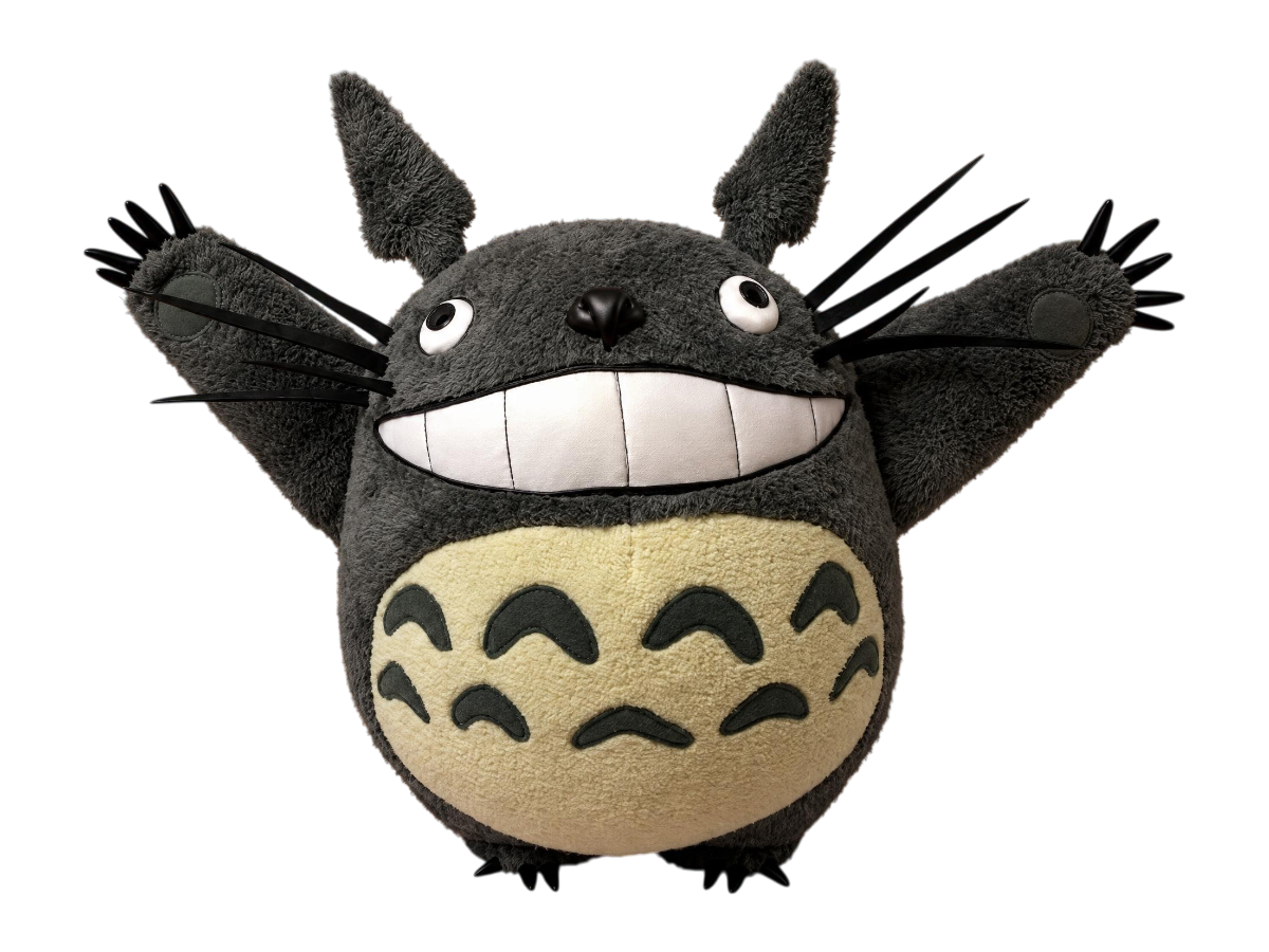 Custom Totoro plush made to order: grey faux fur, big toothy grin, arms up, cream belly with dark chevrons
