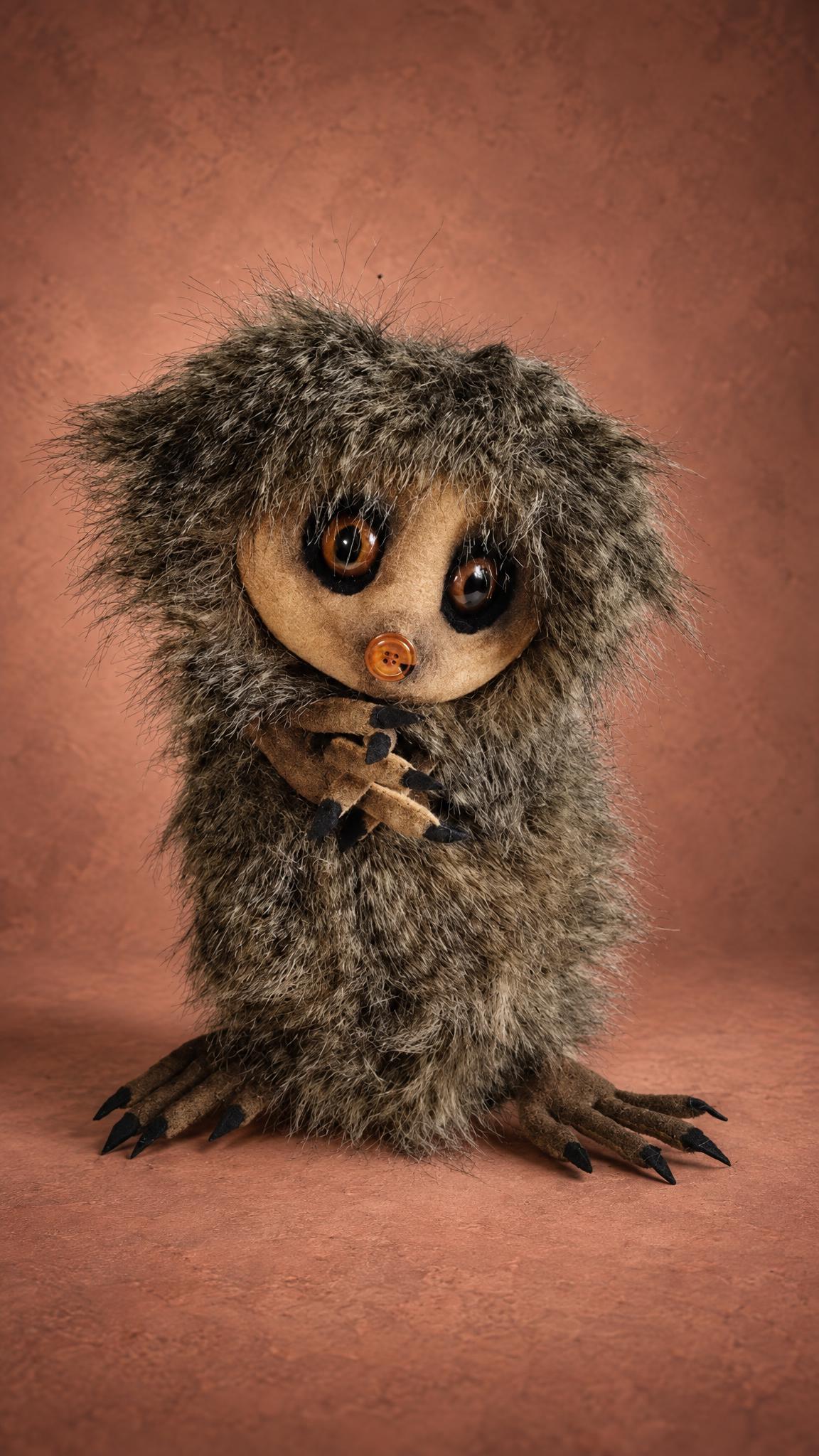 Handmade forest creature plush with big amber eyes and clawed fingers, a custom OC plush sewn from a drawing