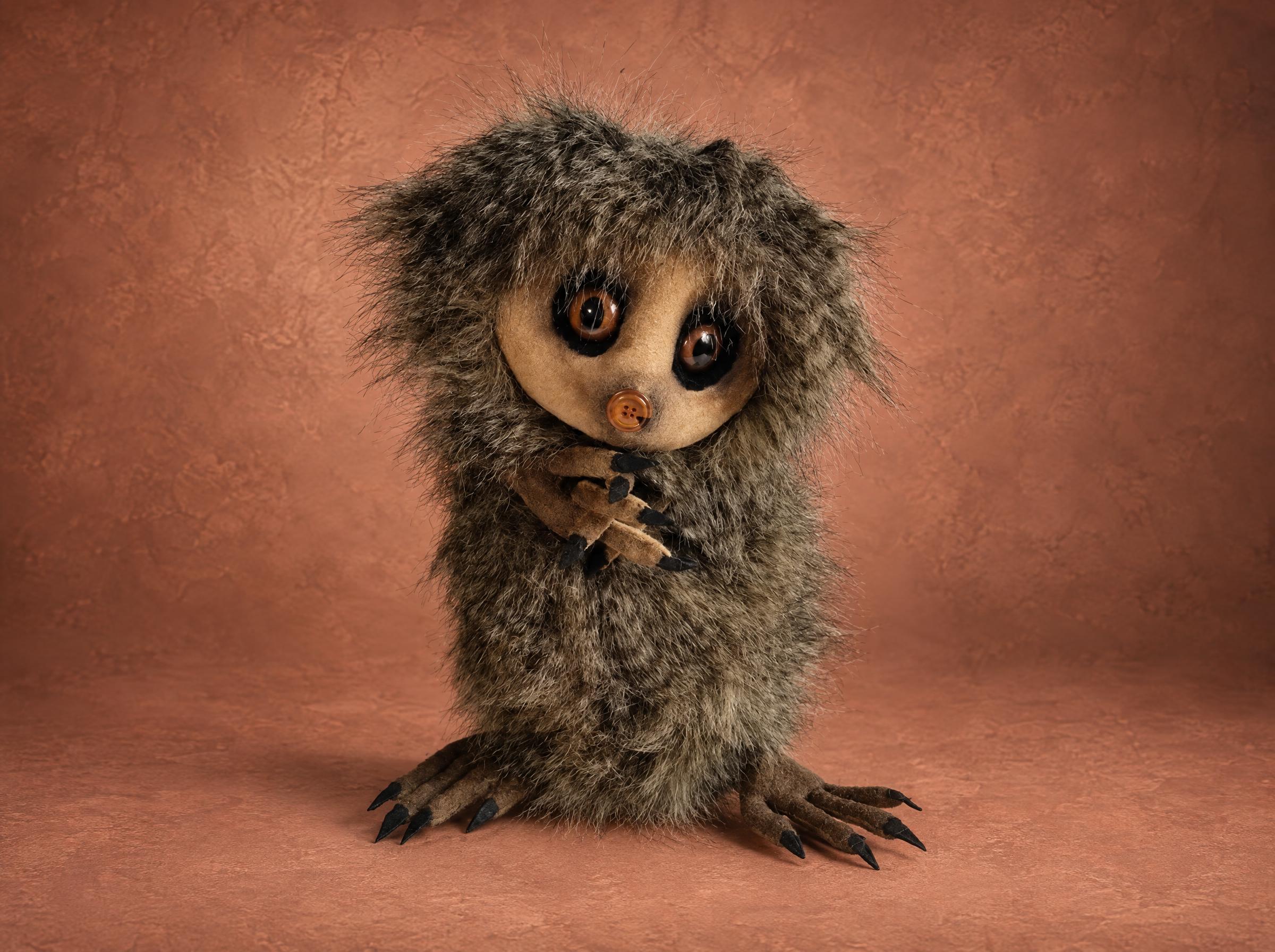 Forest creature plush from a drawing: shaggy gray-brown faux fur, a pale face with big dark eyes and clawed hands, made to order