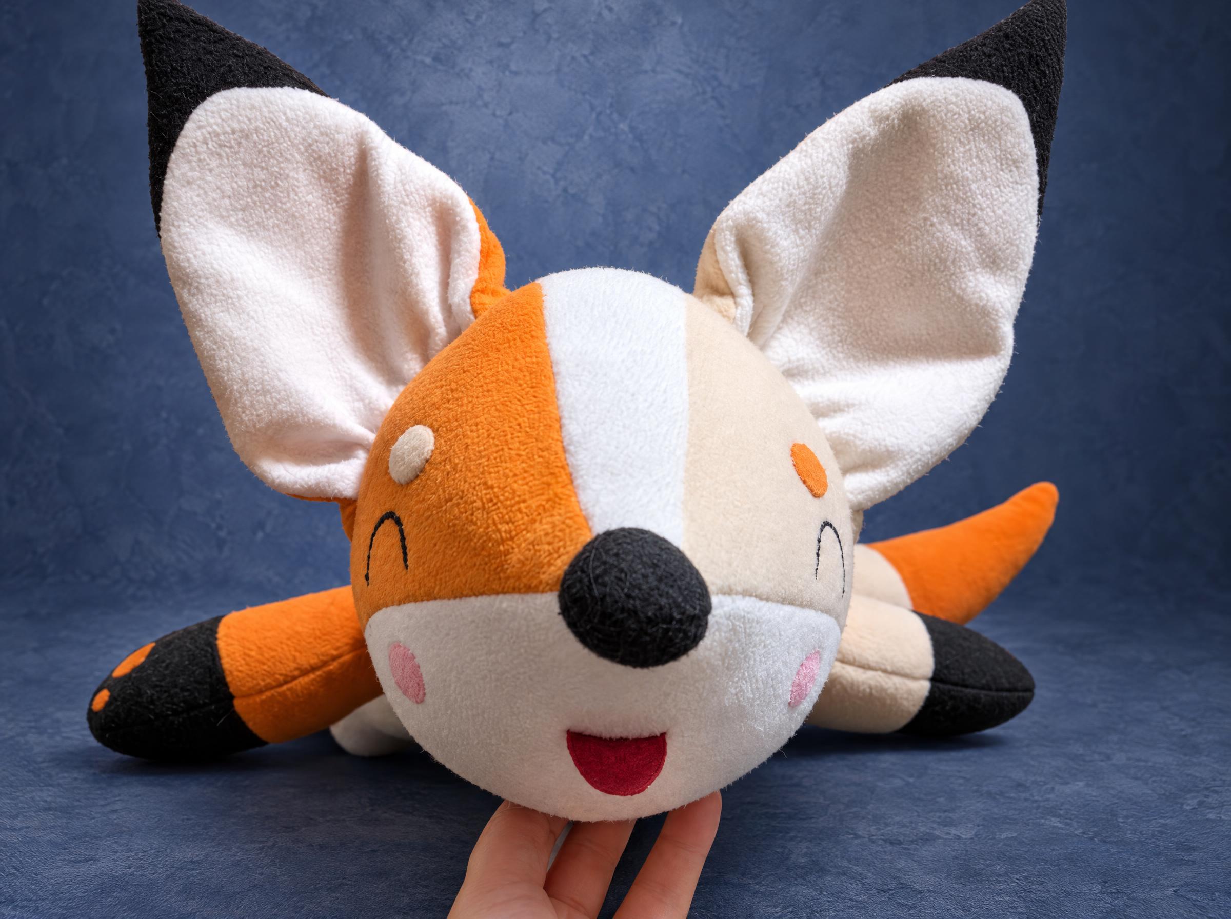 Custom Fox Plush with a Two-Tone Face Smiling fox plush with a half orange, half cream face, big ears and a red tongue, sewn by hand to order