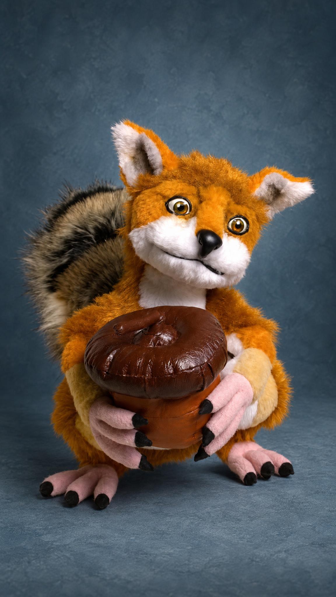 Foxsquirrel toy with a big acorn, a custom fox and squirrel mix sewn by hand to order
