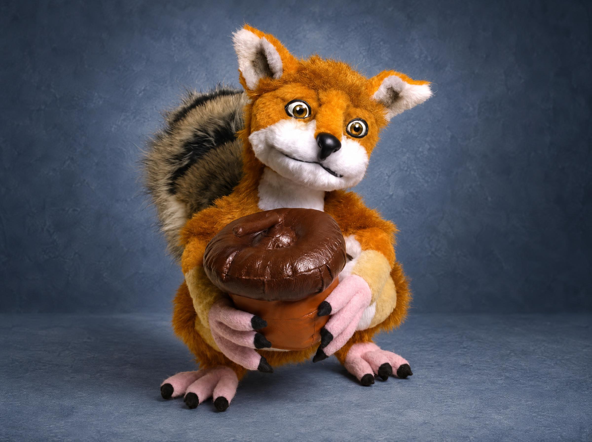 Foxsquirrel plush holding a big acorn Foxsquirrel plush holding a big brown acorn in pink clawed paws, wide fox eyes and orange faux fur, sewn to order