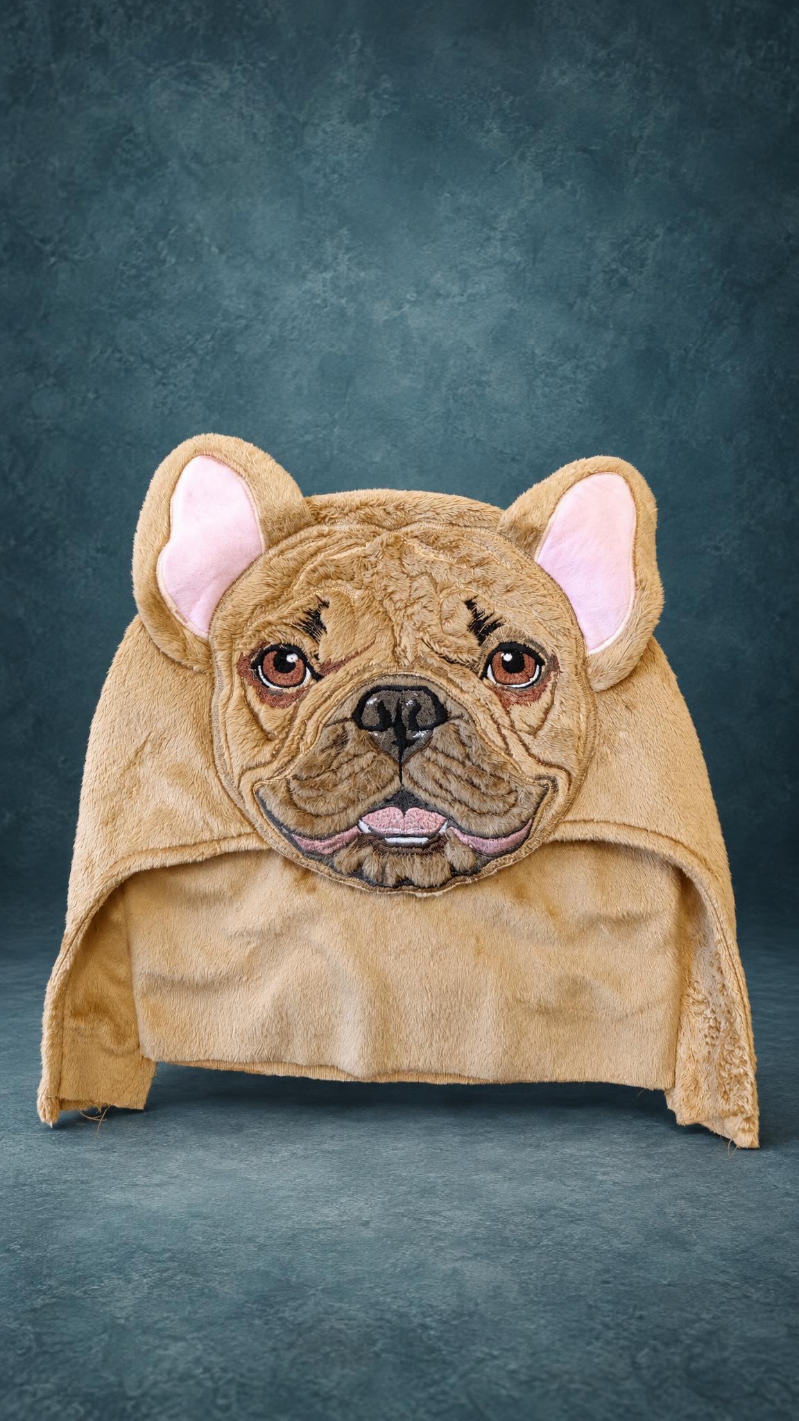 French bulldog towel hood, a custom prototype sewn to order: fawn plush, pink-lined ears, embroidered wrinkles