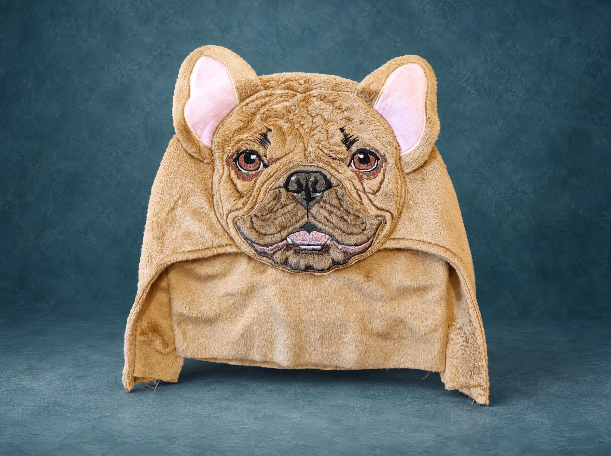 French bulldog towel hood prototype French bulldog towel hood, a custom prototype sewn to order: fawn plush, pink-lined ears, embroidered wrinkles
