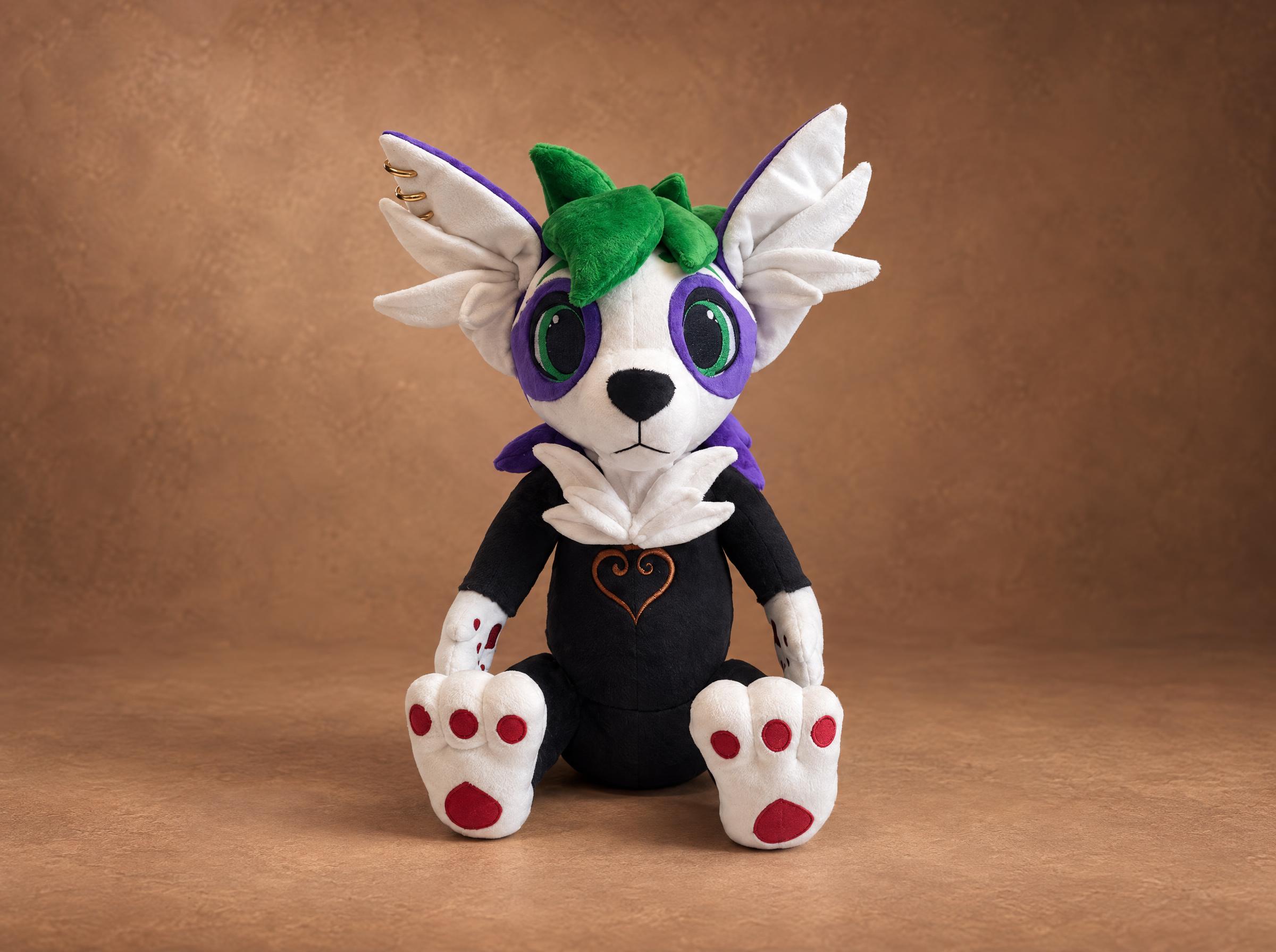 Fursona Plush with Green Hair Custom fursona plush of a white OC with purple eye patches, green hair and winged ears, handmade to order