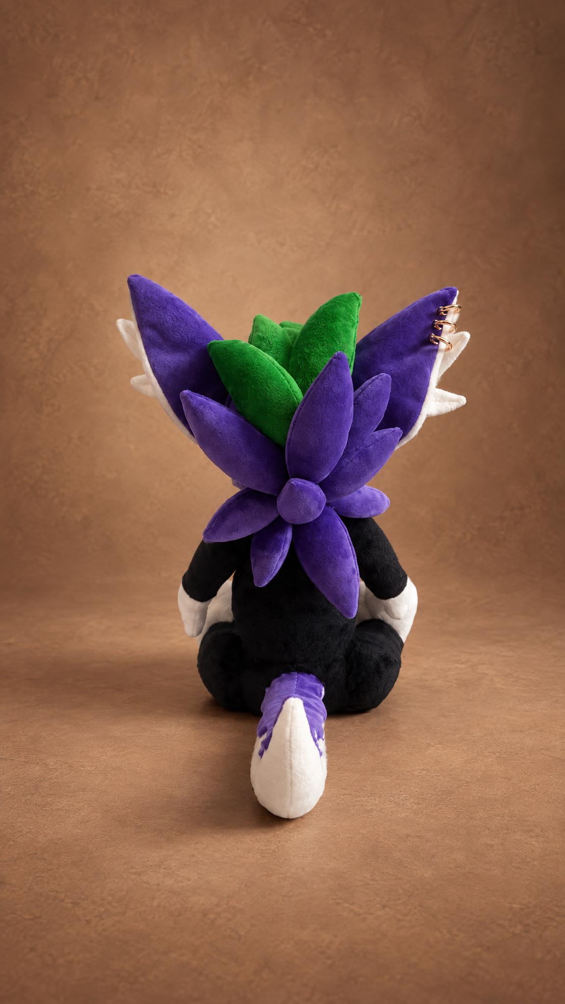 Furry plush from behind with layered purple spikes, green hair and a white tail, a custom fursona plush