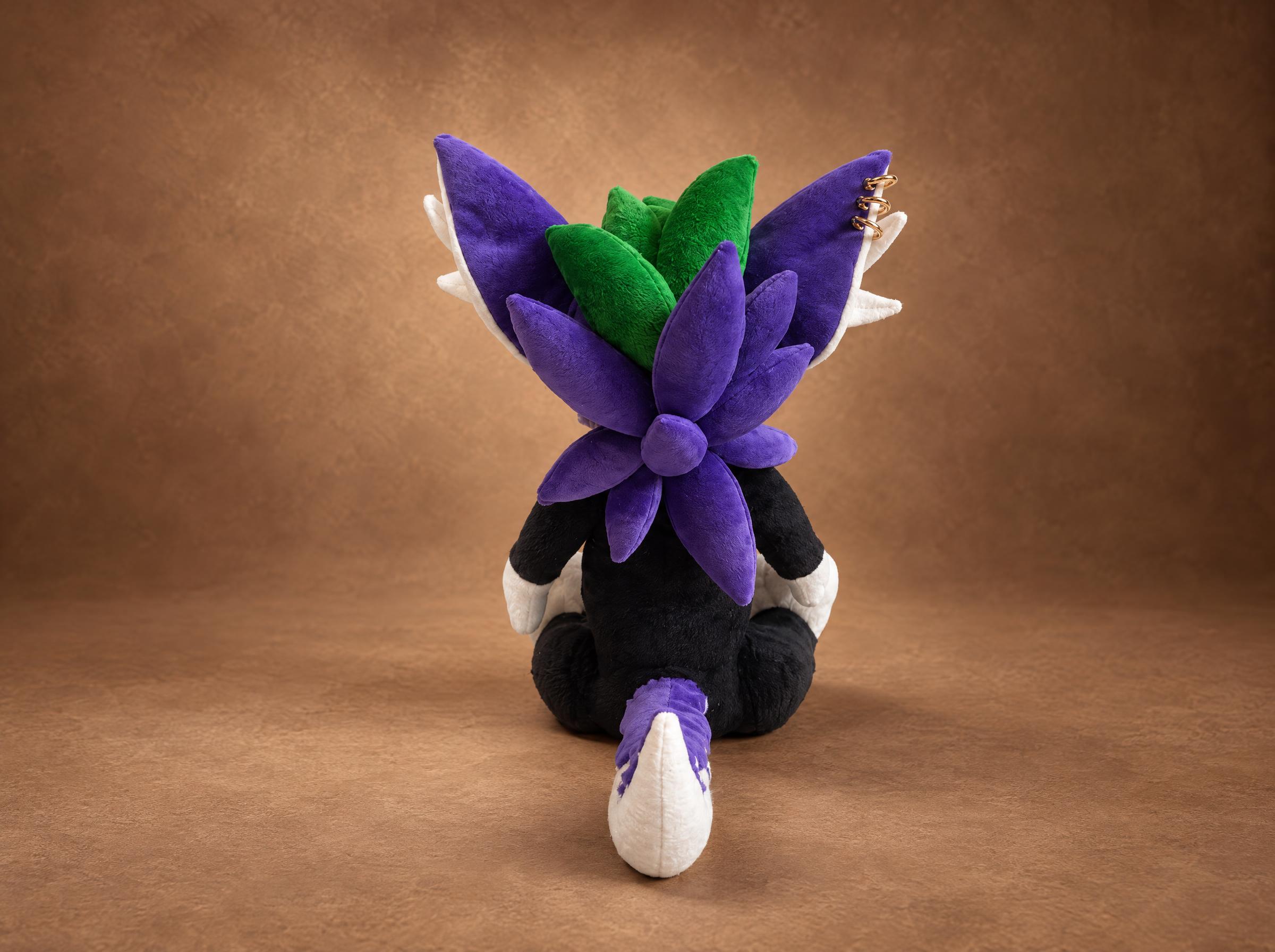 Fursona Plush Purple Spikes Furry plush from behind with layered purple spikes, green hair and a white tail, a custom fursona plush