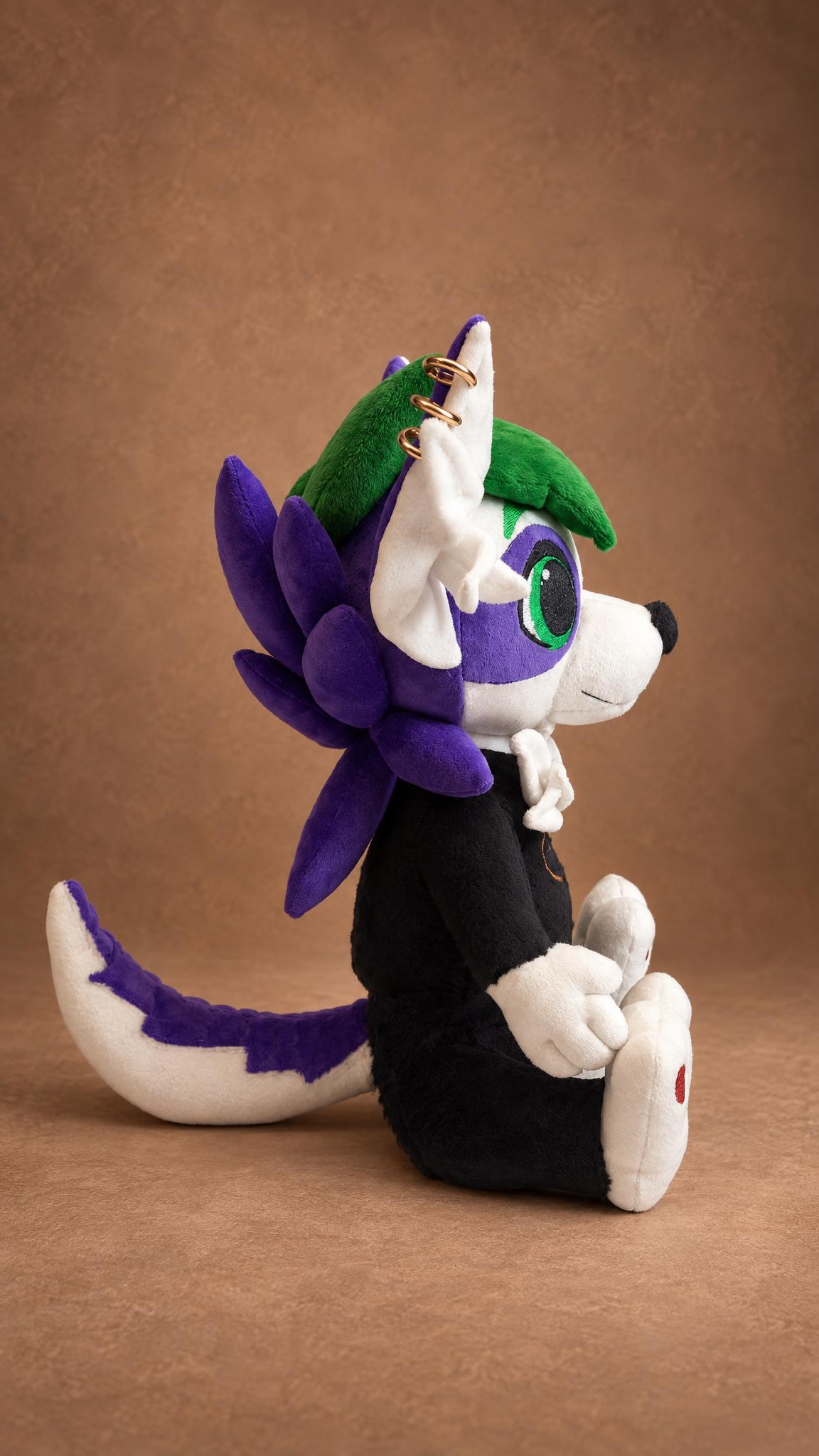 Custom fursona plush in profile with purple spikes, a white and purple tail and a black body, made to order
