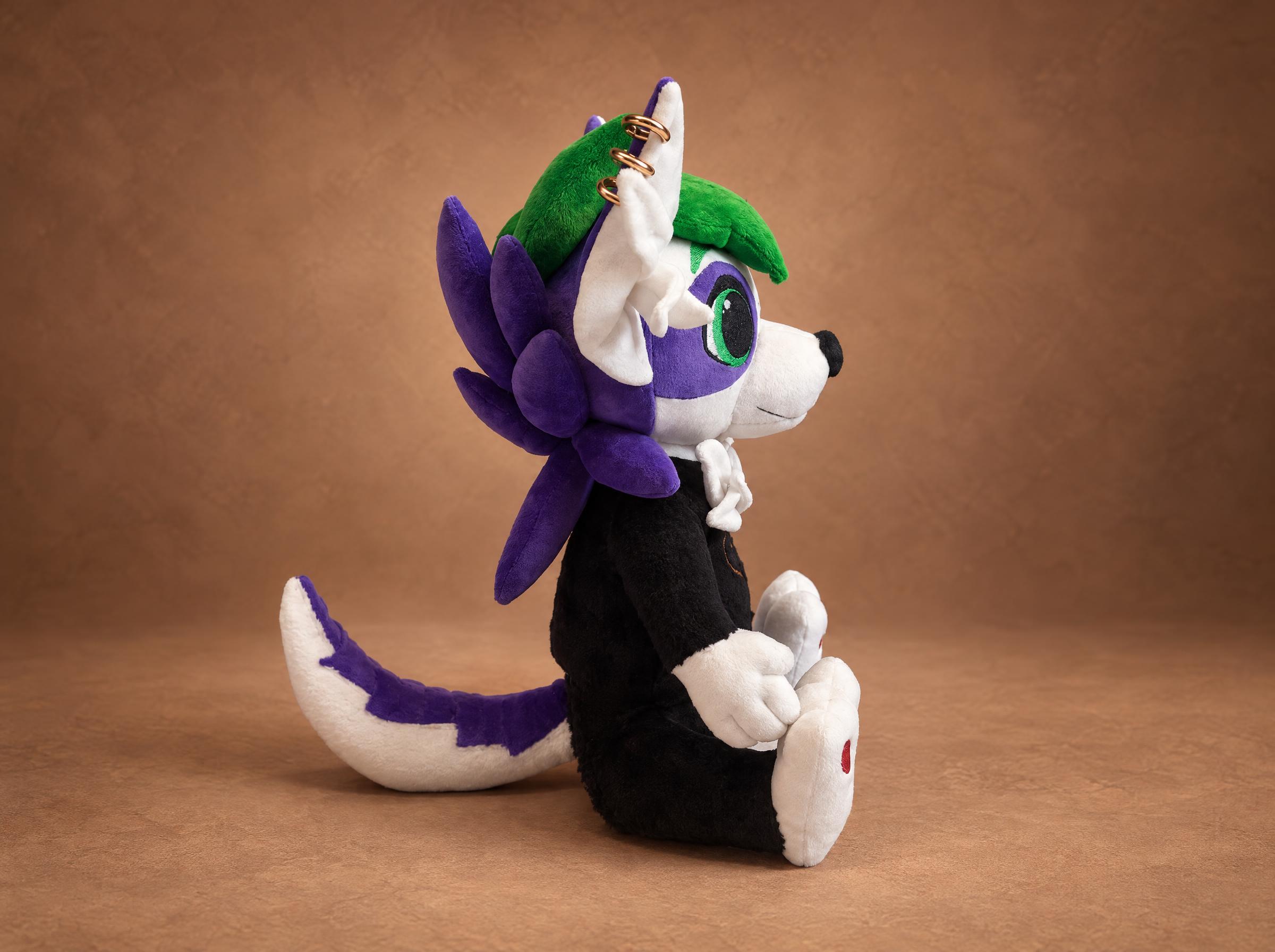 Fursona Plush in Profile Custom fursona plush in profile with purple spikes, a white and purple tail and a black body, made to order