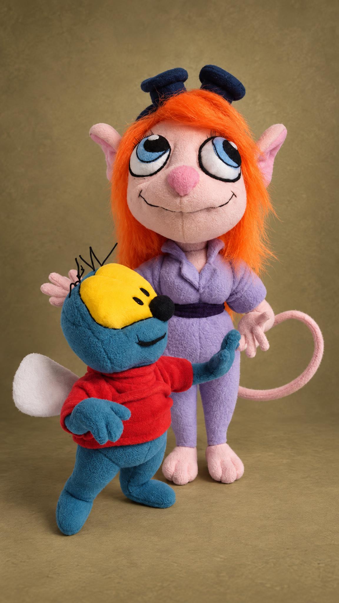 Custom Rescue Rangers plush: Gadget in lilac coveralls and goggles with Zipper the fly, sewn to order