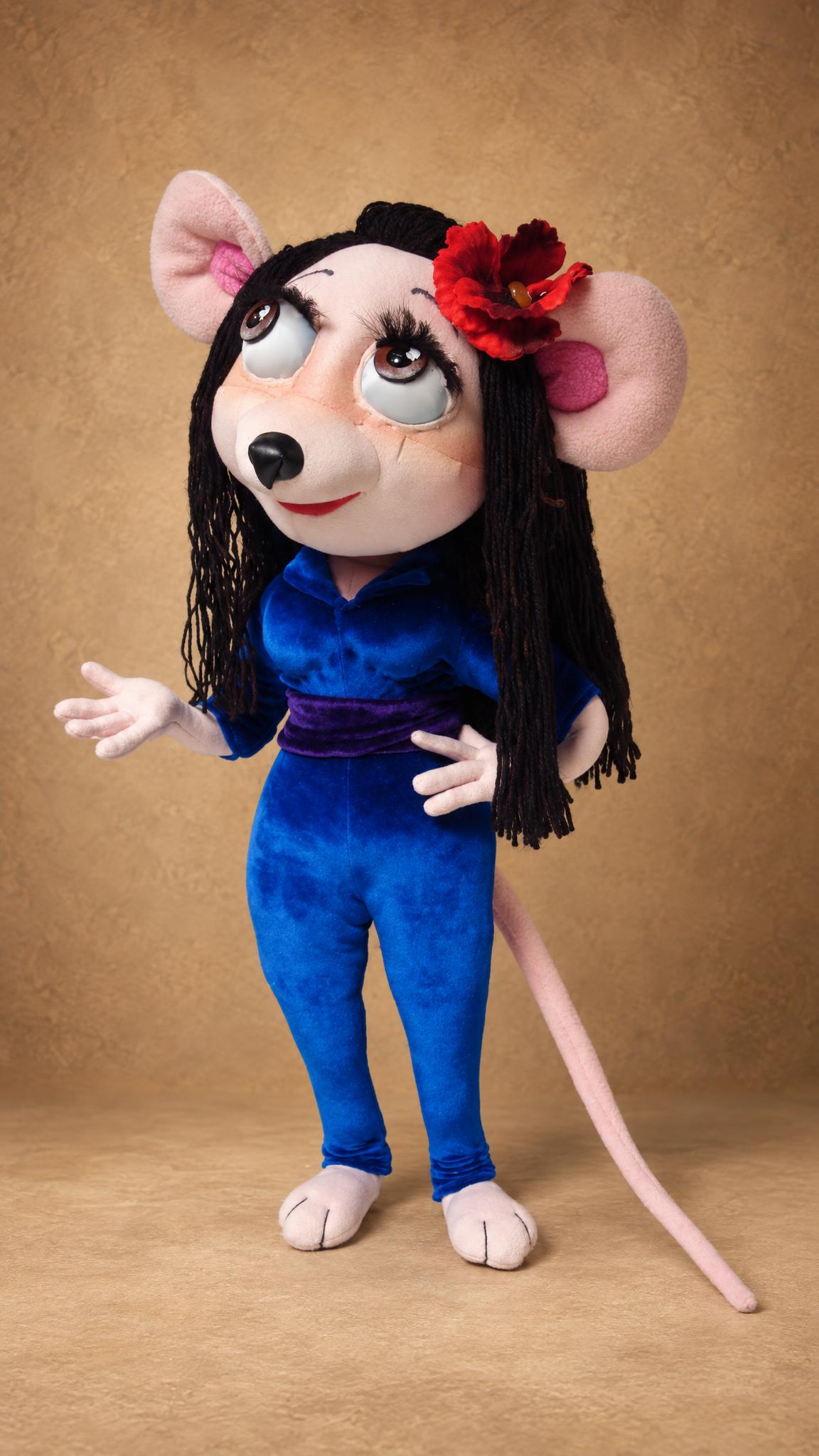Custom cartoon doll made to order from a photo: Gadget-style mouse with pink ears, blue velvet and a long pink tail