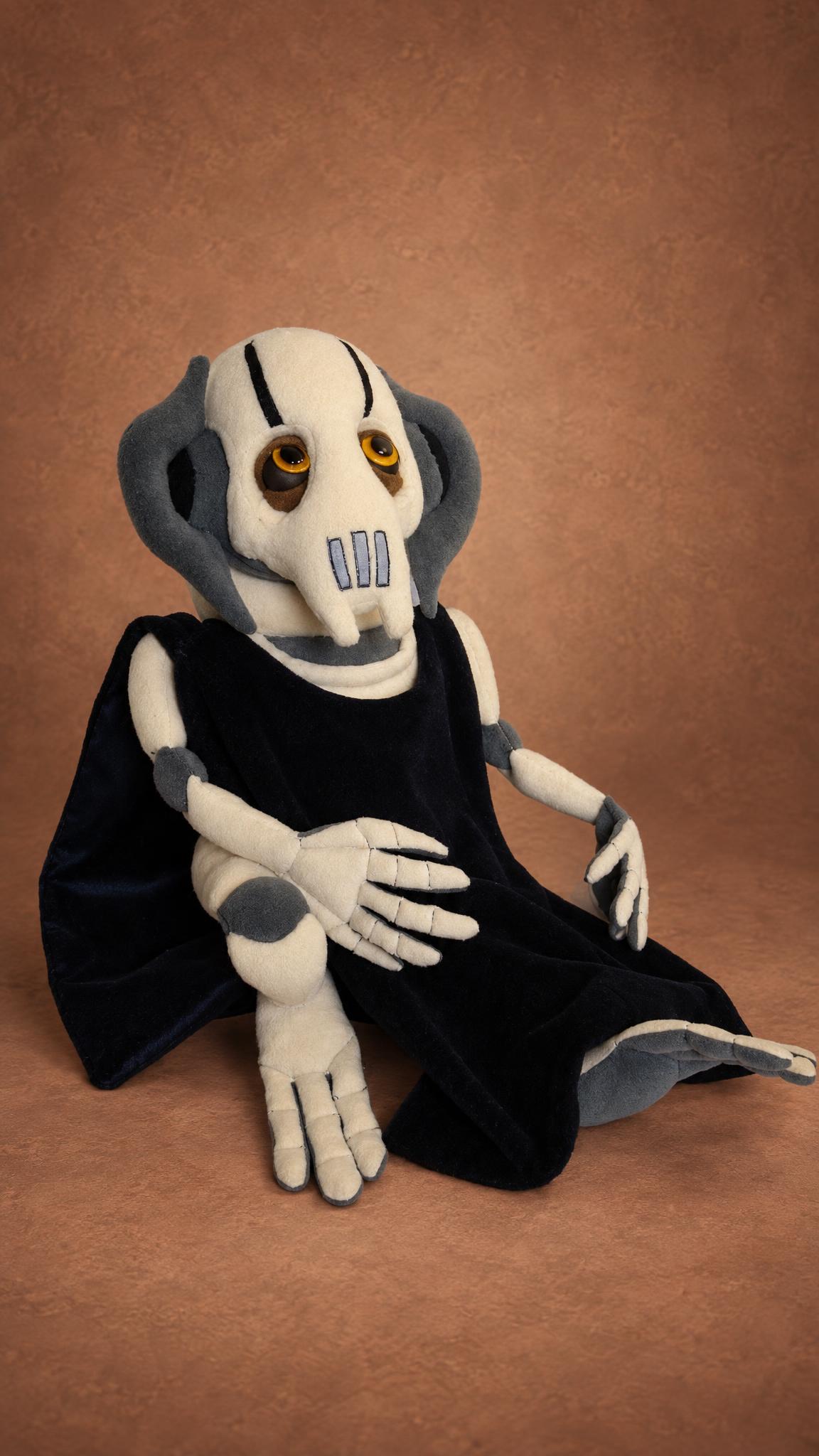 Custom General Grievous plushie from Star Wars in a dark velvet cloak with amber eyes, made to order