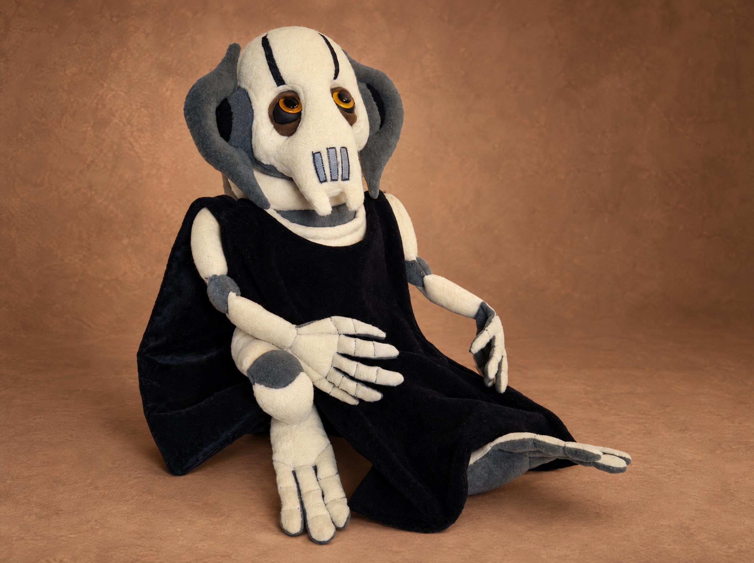 General Grievous plush, handmade to order: cream bone mask, amber eyes, navy velvet cloak, long claws