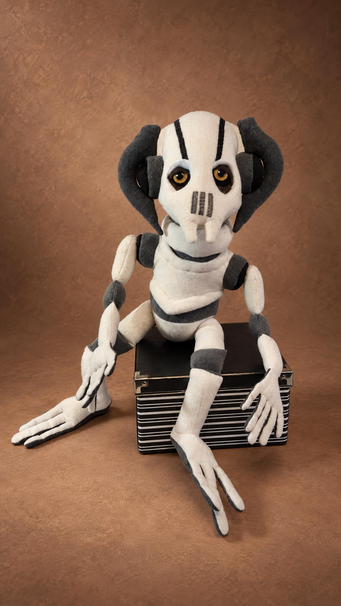 Handmade General Grievous plushie without his cloak, white and grey armor rings, a custom Star Wars plush