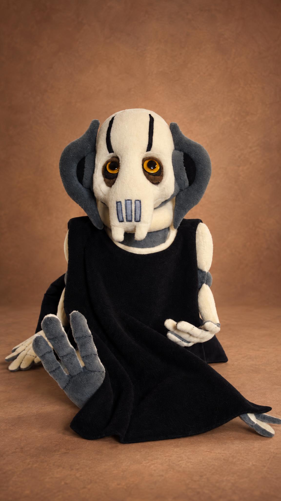 Custom General Grievous plush with a cream bone mask, dark eye stripes and a velvet cloak, sewn to order