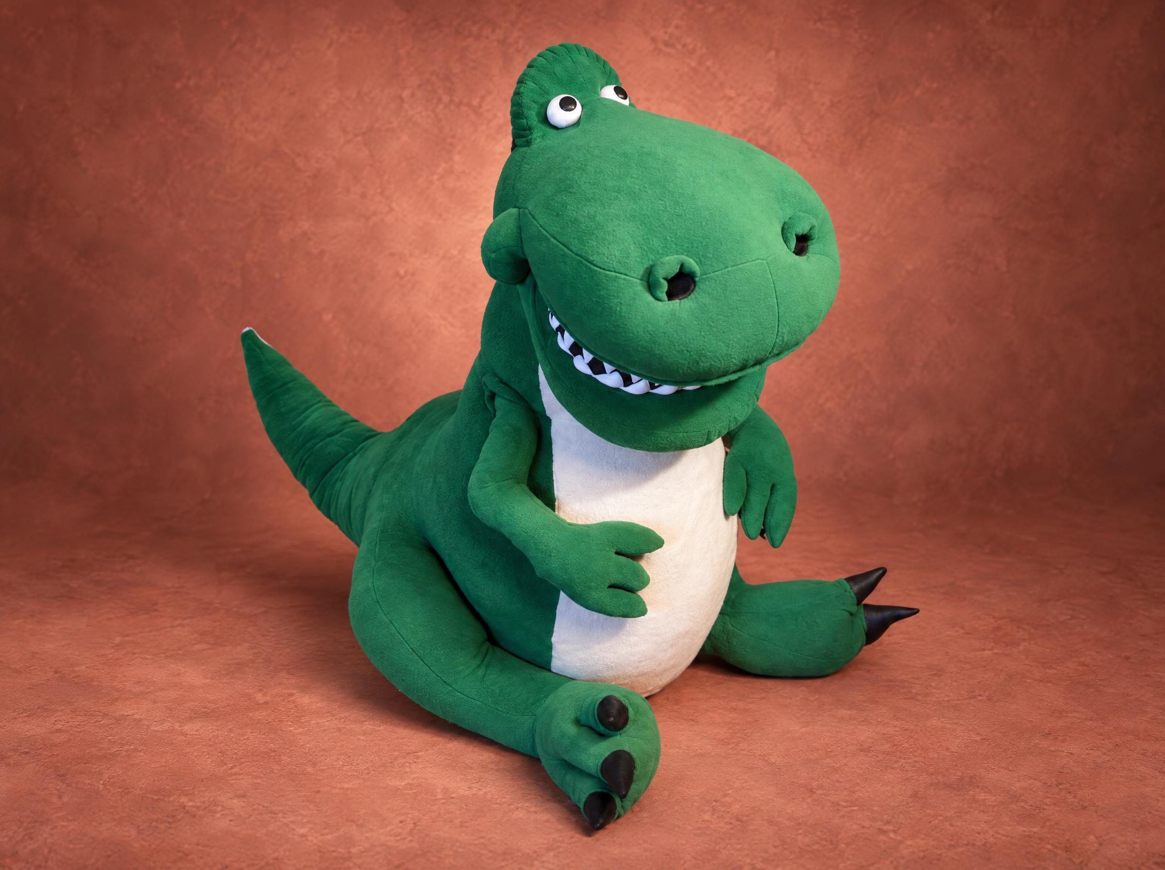 Giant green plush dinosaur about 1.3 m tall, cream belly and a wide toothy grin, a custom stuffed animal handmade to order