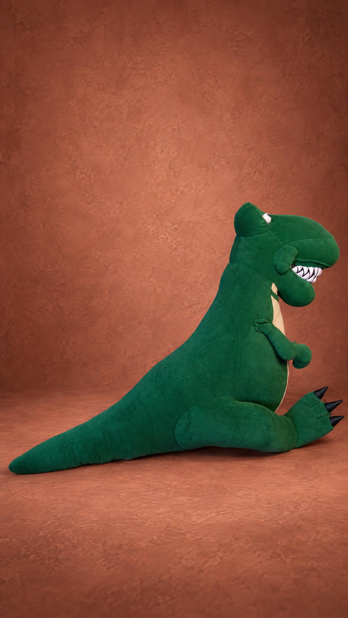 Custom giant plush dinosaur from the side with a long tail, handmade to order