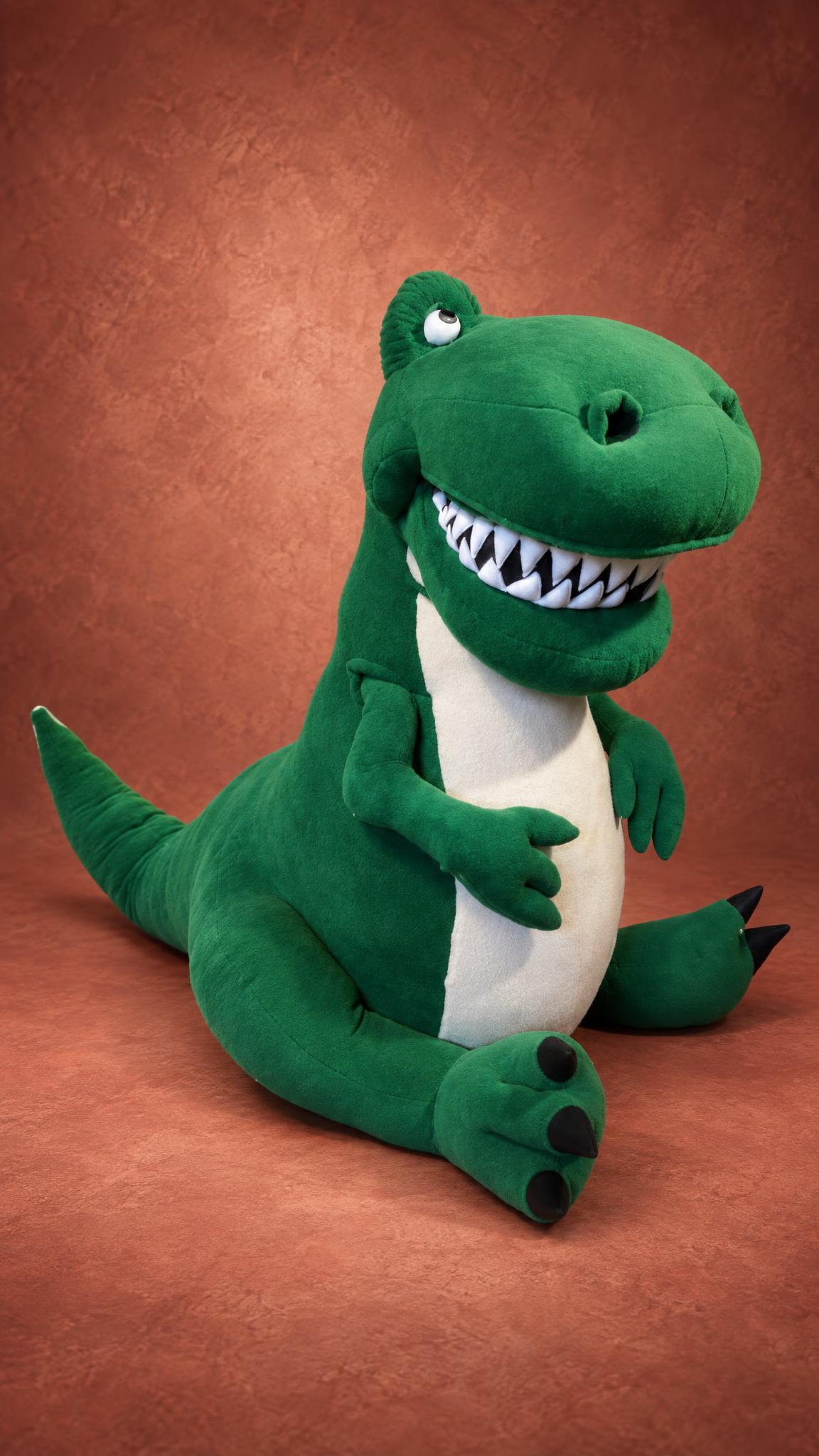 Giant plush dinosaur sitting up with white felt teeth and black claws, a custom toy handmade to order