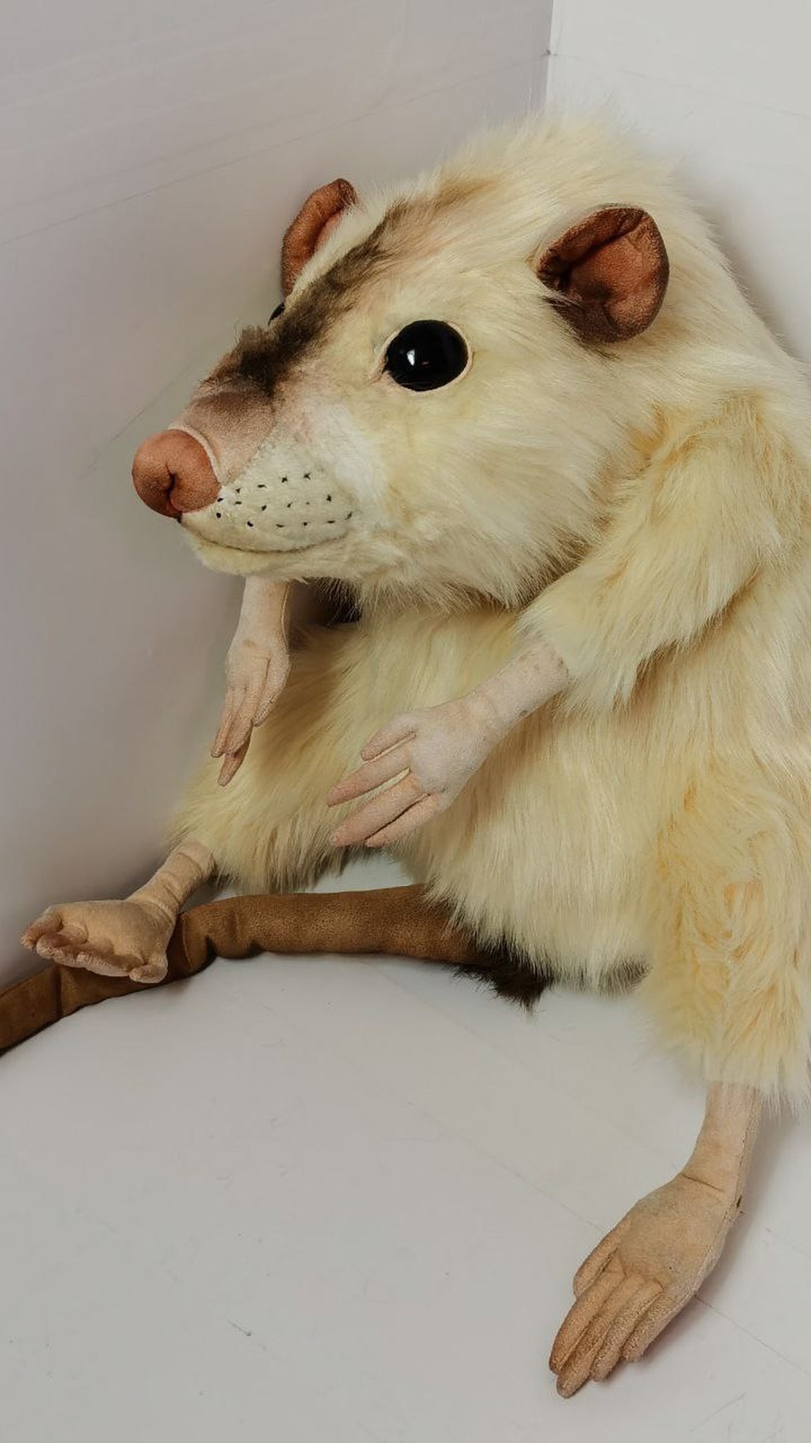 Giant stuffed mouse sitting sideways with its long tail wrapped round, cream faux fur, handmade to order