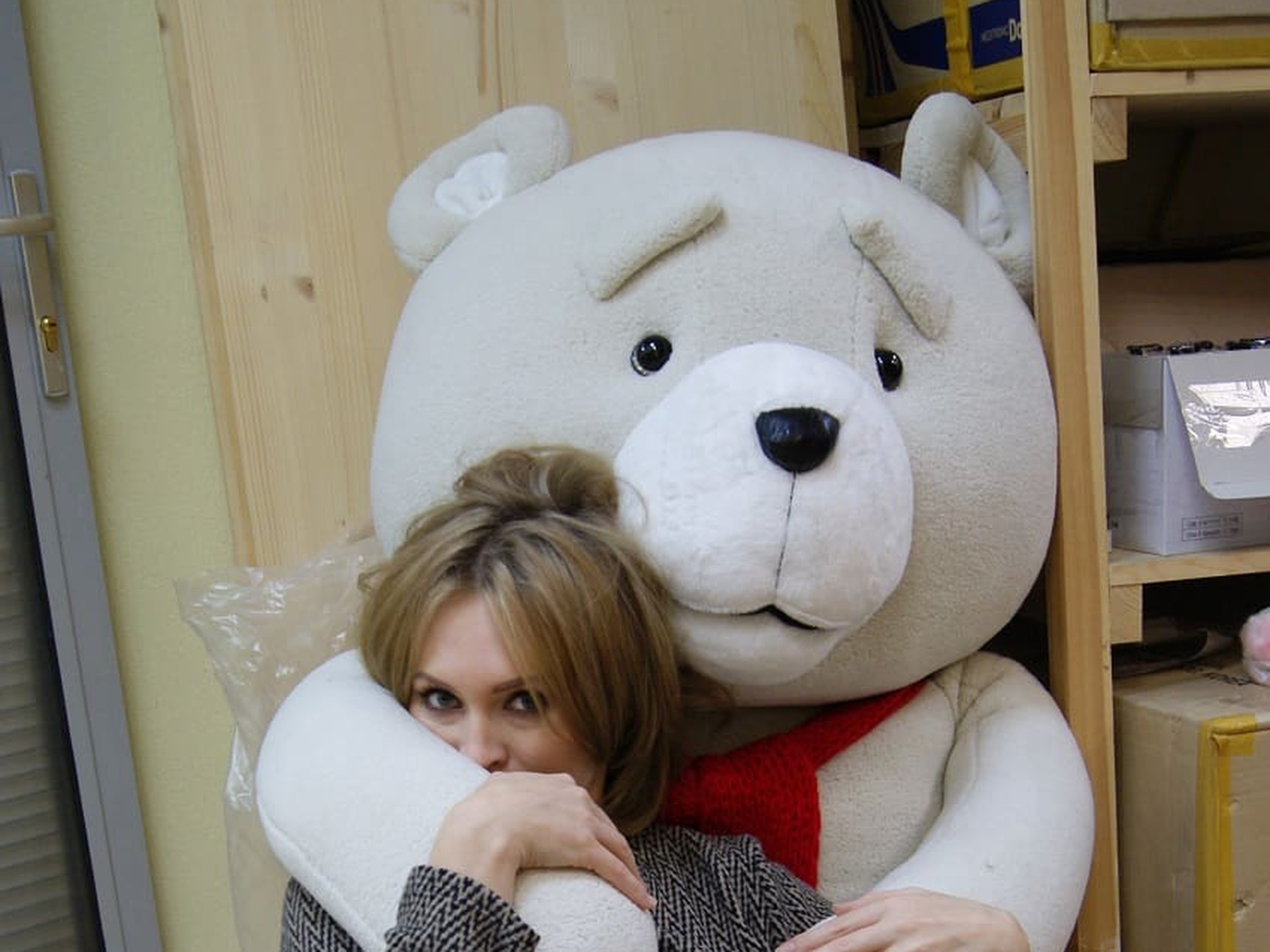 Giant Ted bear plush, a person for scale Giant Ted bear plush hugged by a person for scale, a 160 cm custom teddy made to order