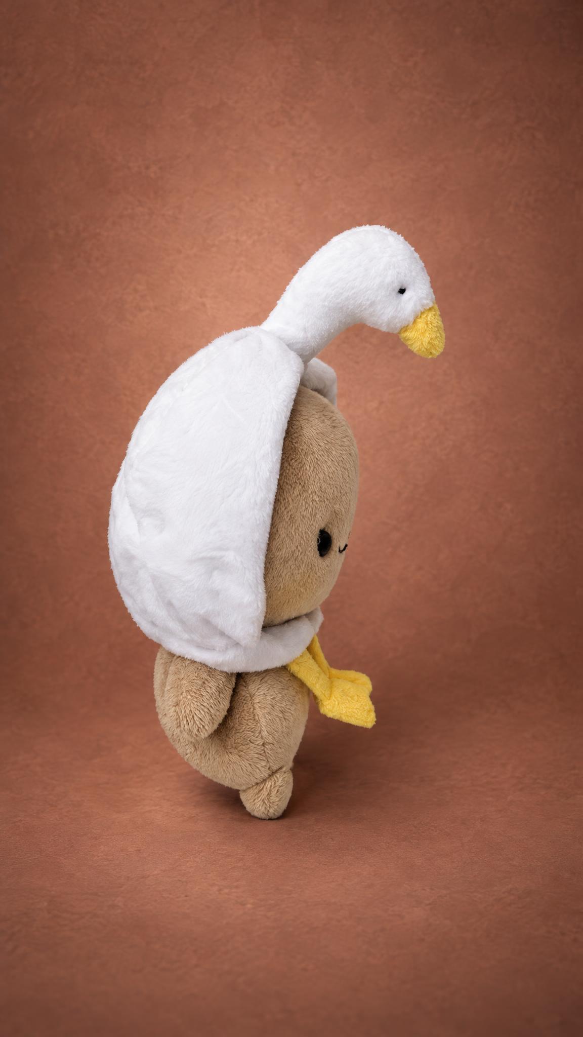 Handmade goose costume bear plush, white hood with a goose head, sewn to order from a sticker