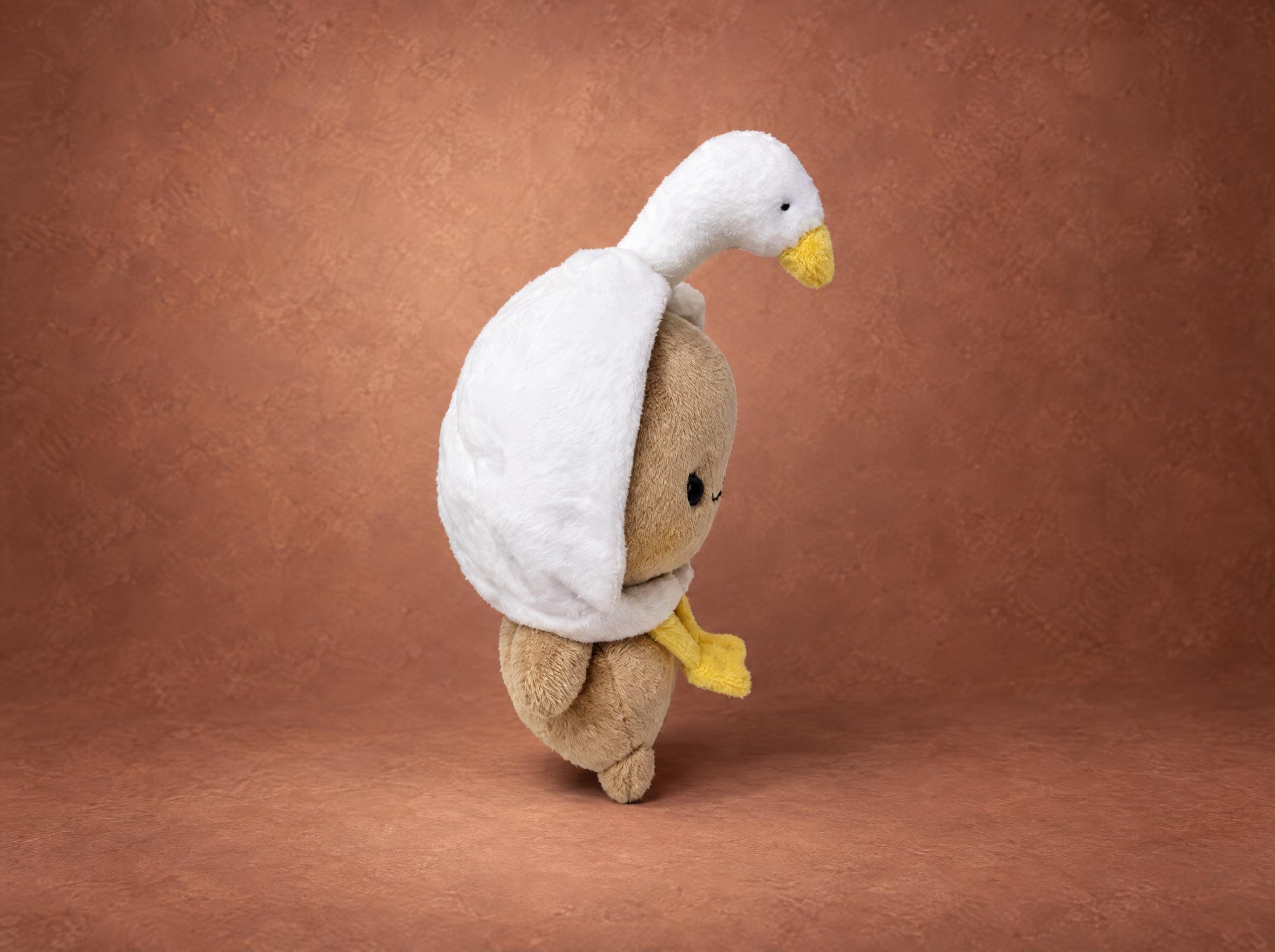 Goose hoodie plush, goose head and beak Goose hoodie bear plush with the white goose head and yellow beak rising from the hood, handmade to order