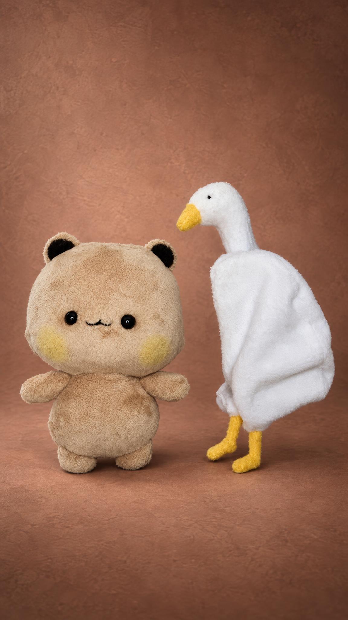 Custom bear plush with its goose hoodie removed, a kawaii sticker toy sewn by hand to order