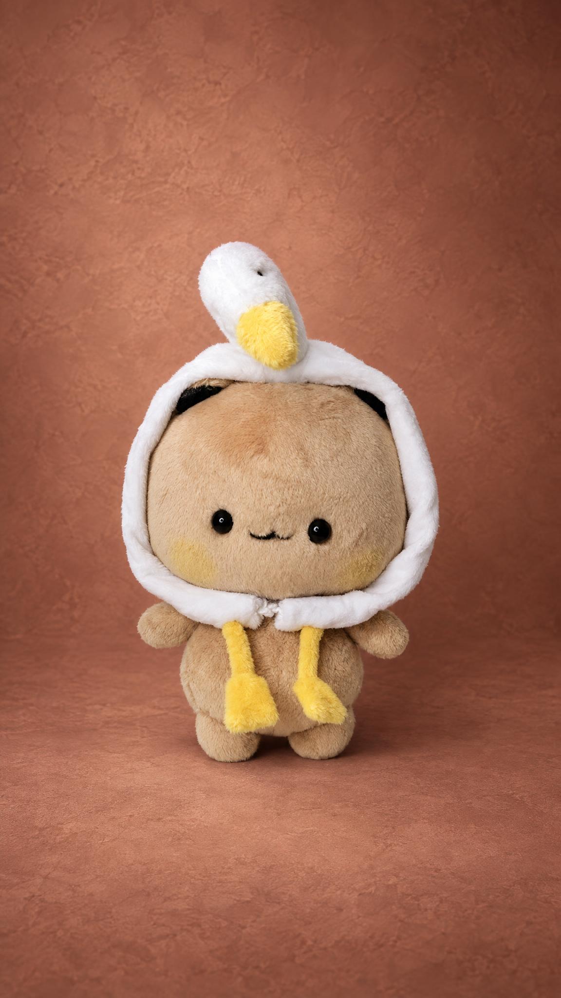 Kawaii bear plush in a goose costume hoodie, a custom sticker toy handmade to order