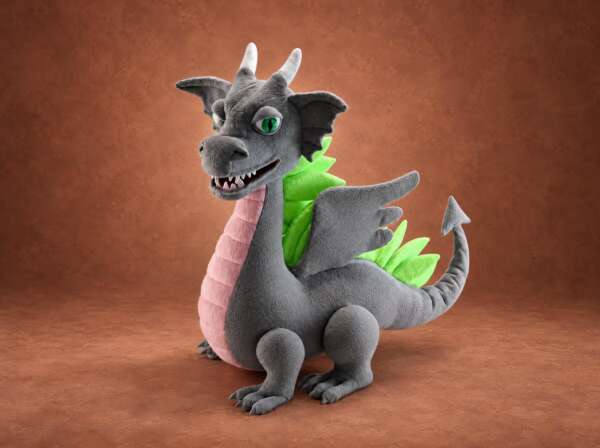 Gray dragon mascot plush in the style of the Team Spirit esports dragon, lime spikes and green eyes, made to order