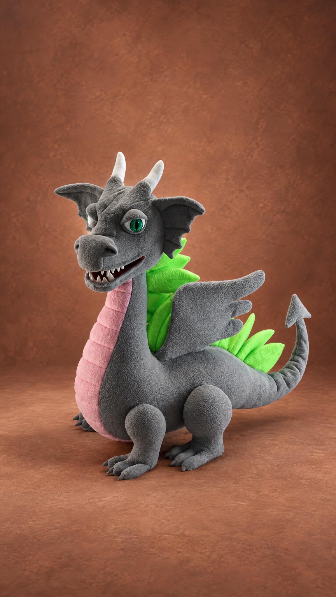 Gray dragon mascot plush, made to order Gray dragon mascot plush in the style of the Team Spirit esports dragon, lime spikes and green eyes, made to order