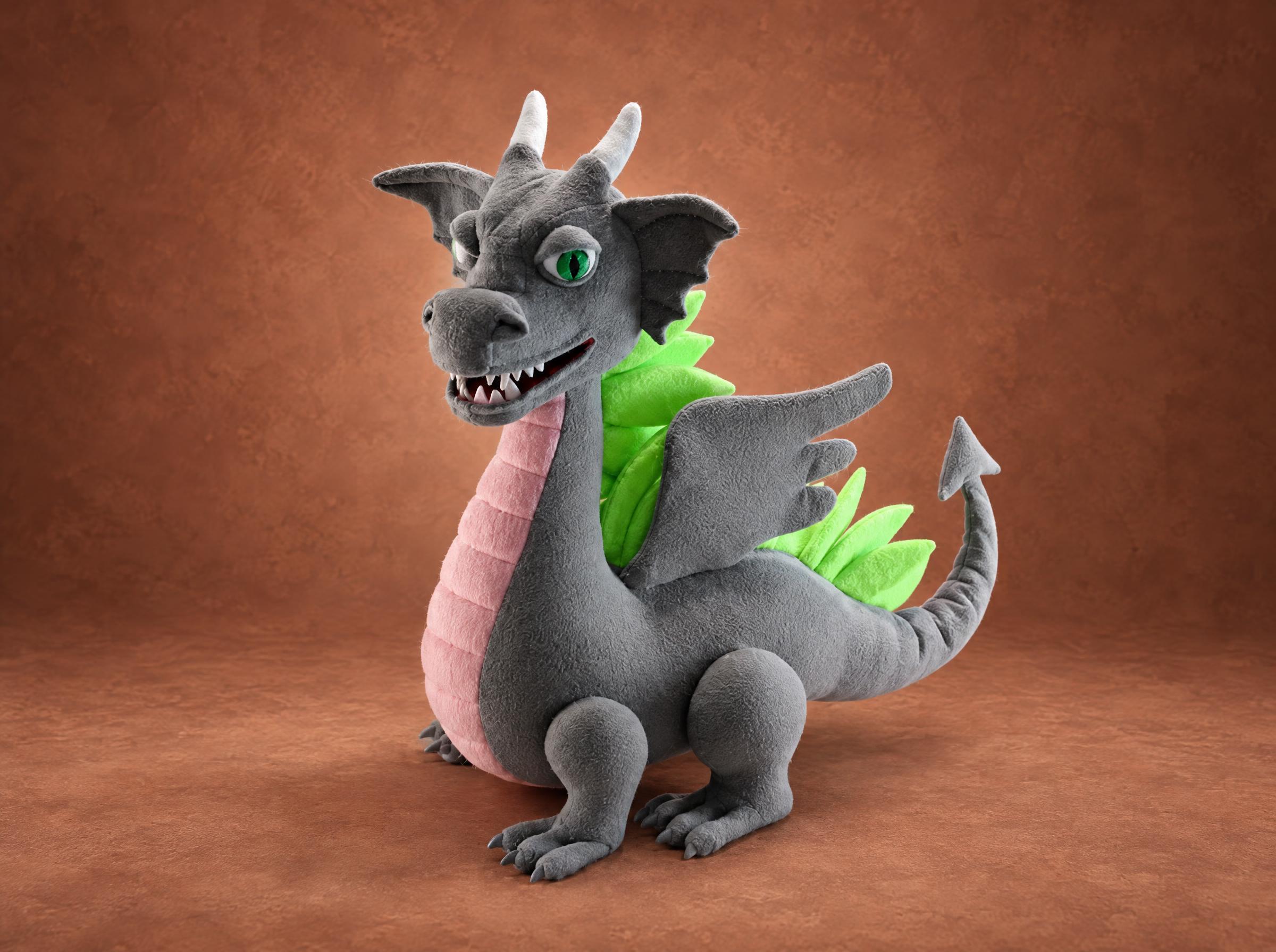 Gray dragon mascot plush in the style of the Team Spirit esports dragon, lime spikes and green eyes, made to order