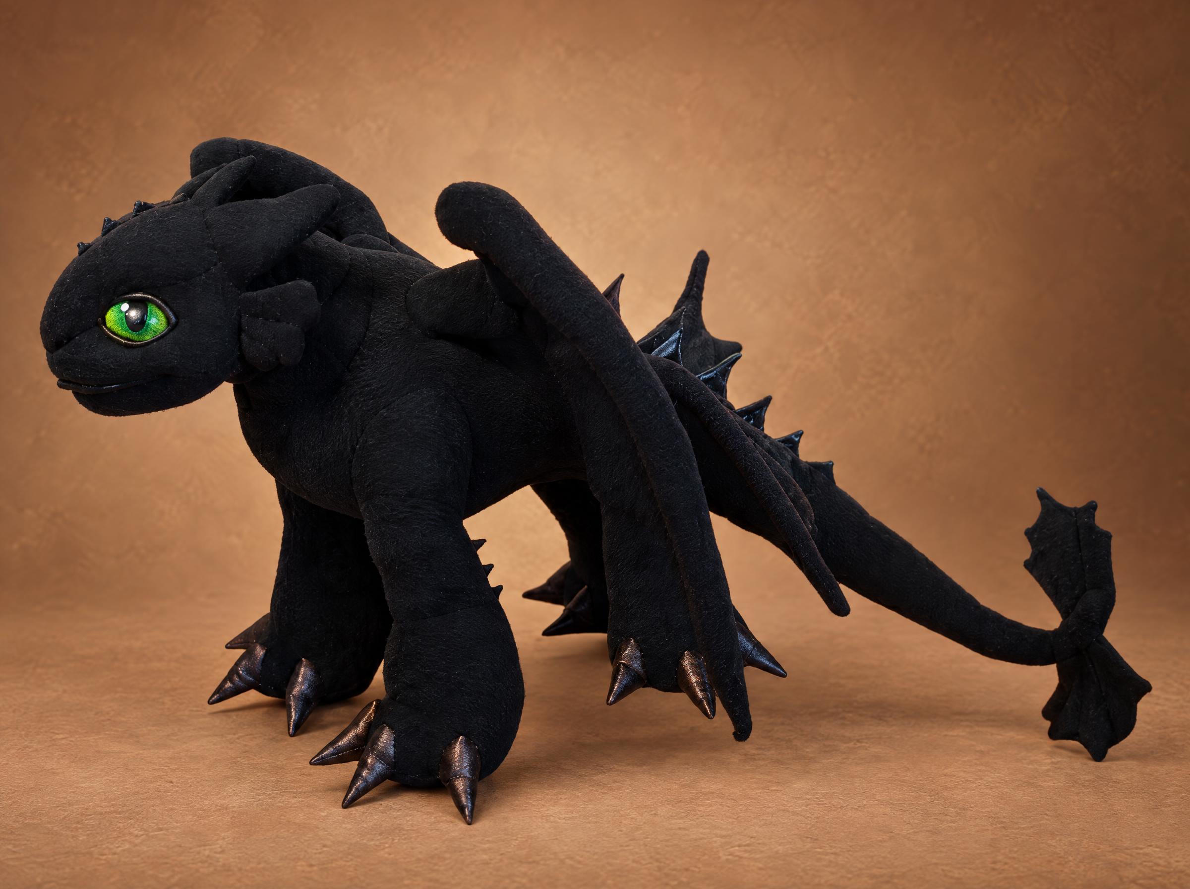 Green-eyed Toothless plush with back spines and tail fins Green-eyed Toothless plush with spines down his back and a long finned tail, custom Night Fury handmade