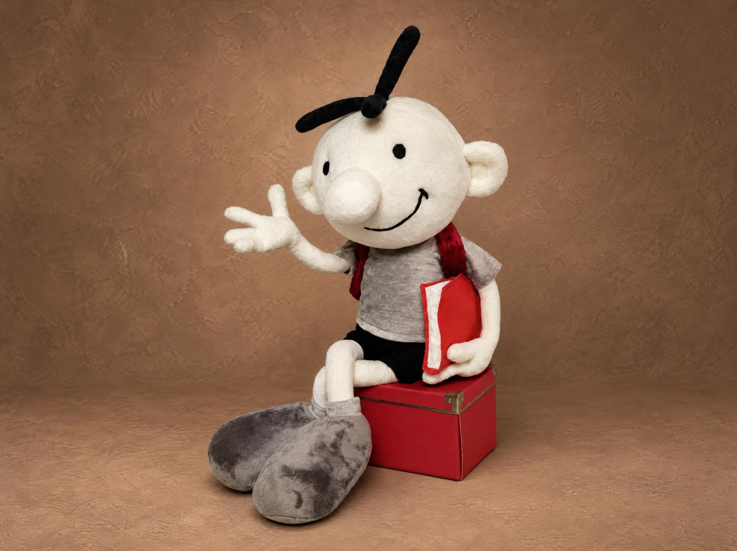 Greg Heffley Doll Waving, Handmade to Order Custom Greg Heffley doll sitting on a red box and waving, a handmade Diary of a Wimpy Kid plush made to order