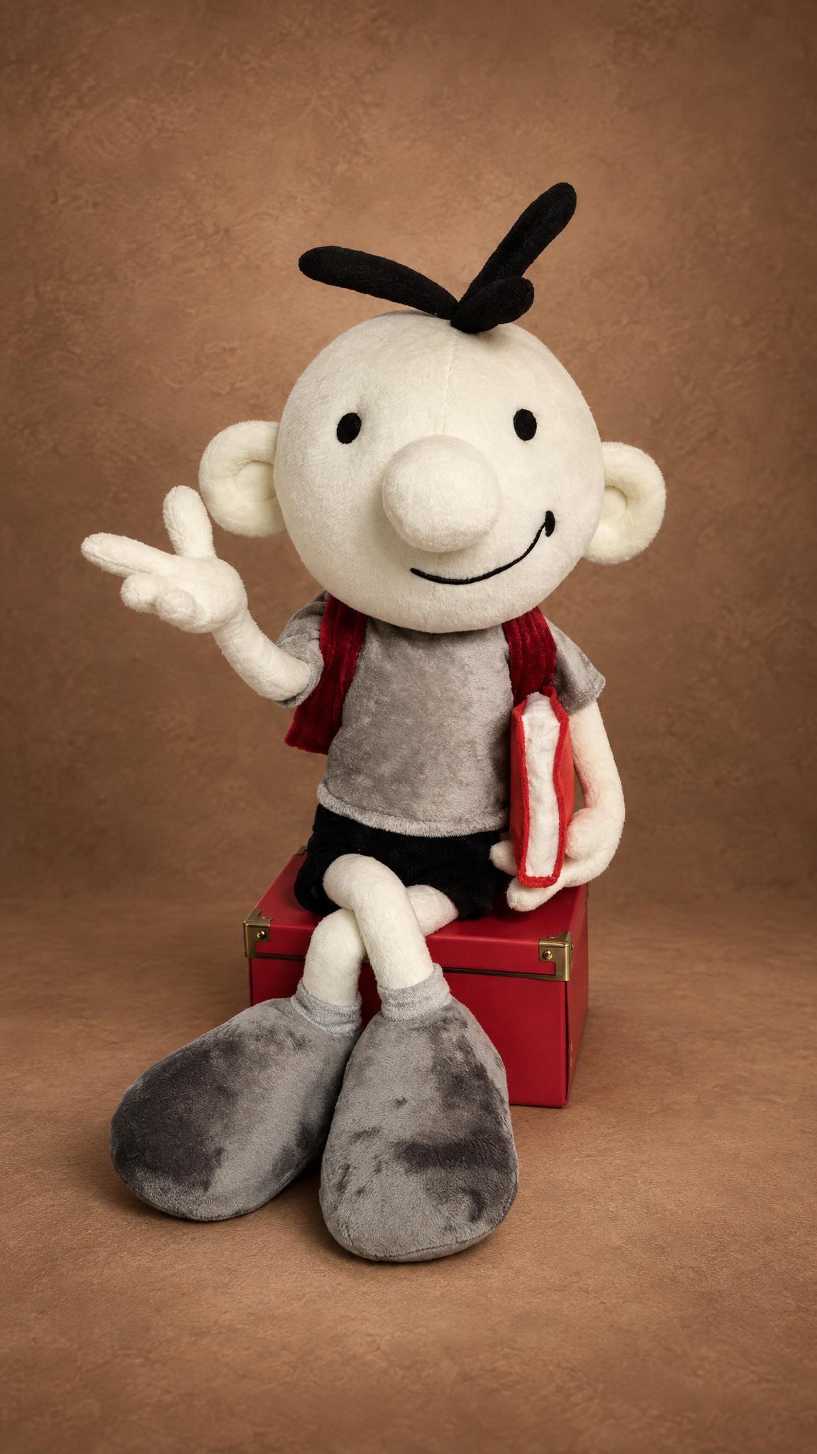 Custom Greg Heffley plush from Diary of a Wimpy Kid, handmade to order with a red backpack and a red book